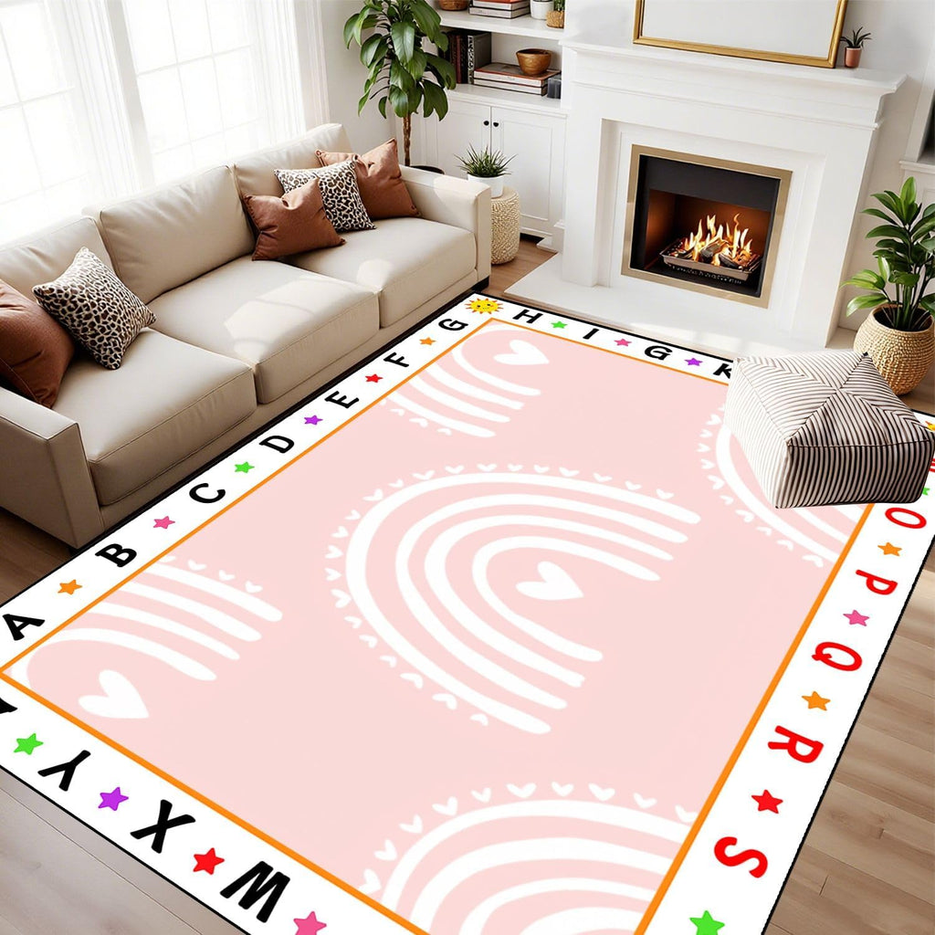 10x14 Kids Learning Rug Washable Area Rugs Kids pink pastel rainbows Summer for baby Scandinavian style Alphabet ABC Learning Carpet Soft Rubber Backed Non-Slip Carpets for Classroom Preschool Nursery