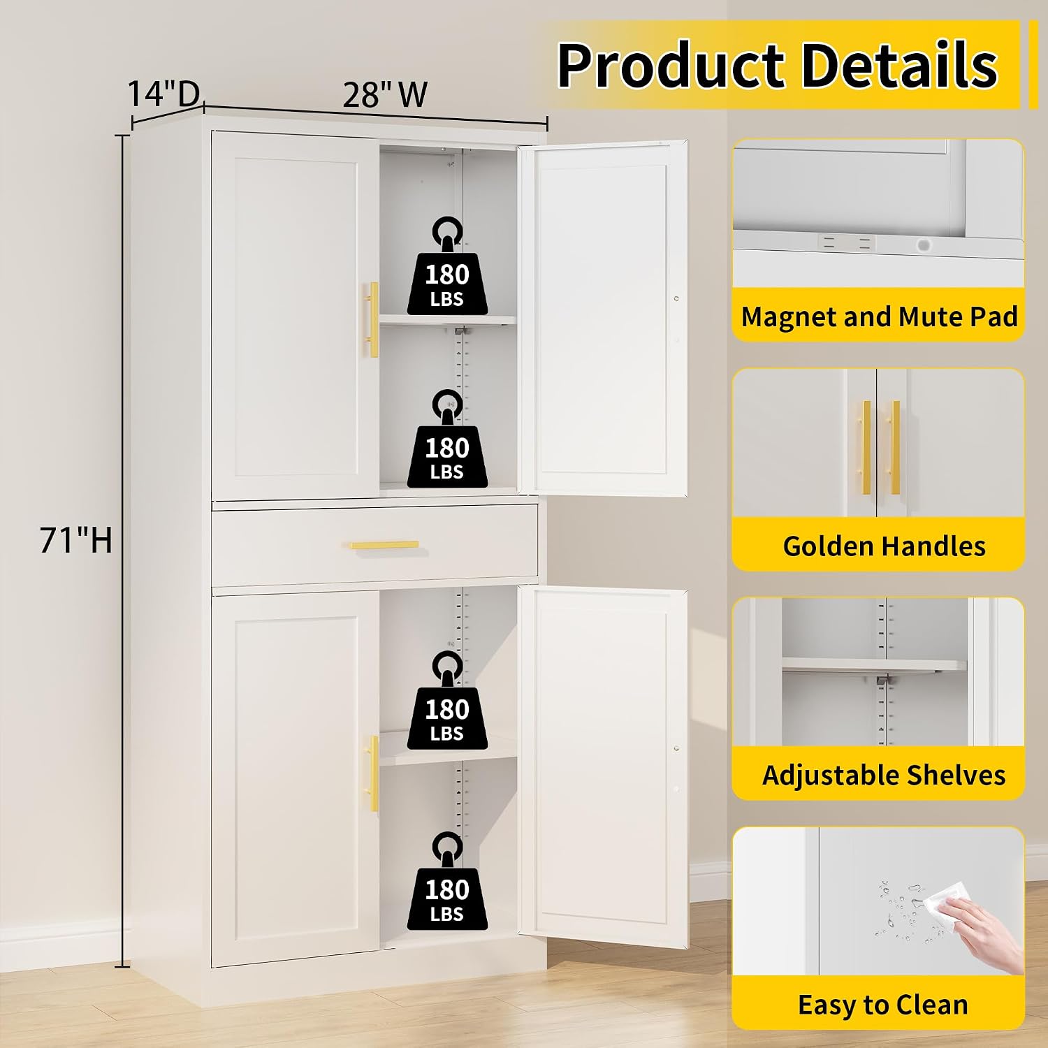 Metal Kitchen Pantry Cabinet, 71'Tall Cabinet with 1 Drawer, Doors and 2 Adjustable Shelves, Pantry Cabinets for Kitchen Storage, Metal Storage Cabinet for Kitchen, Dining Room, Living Room- White