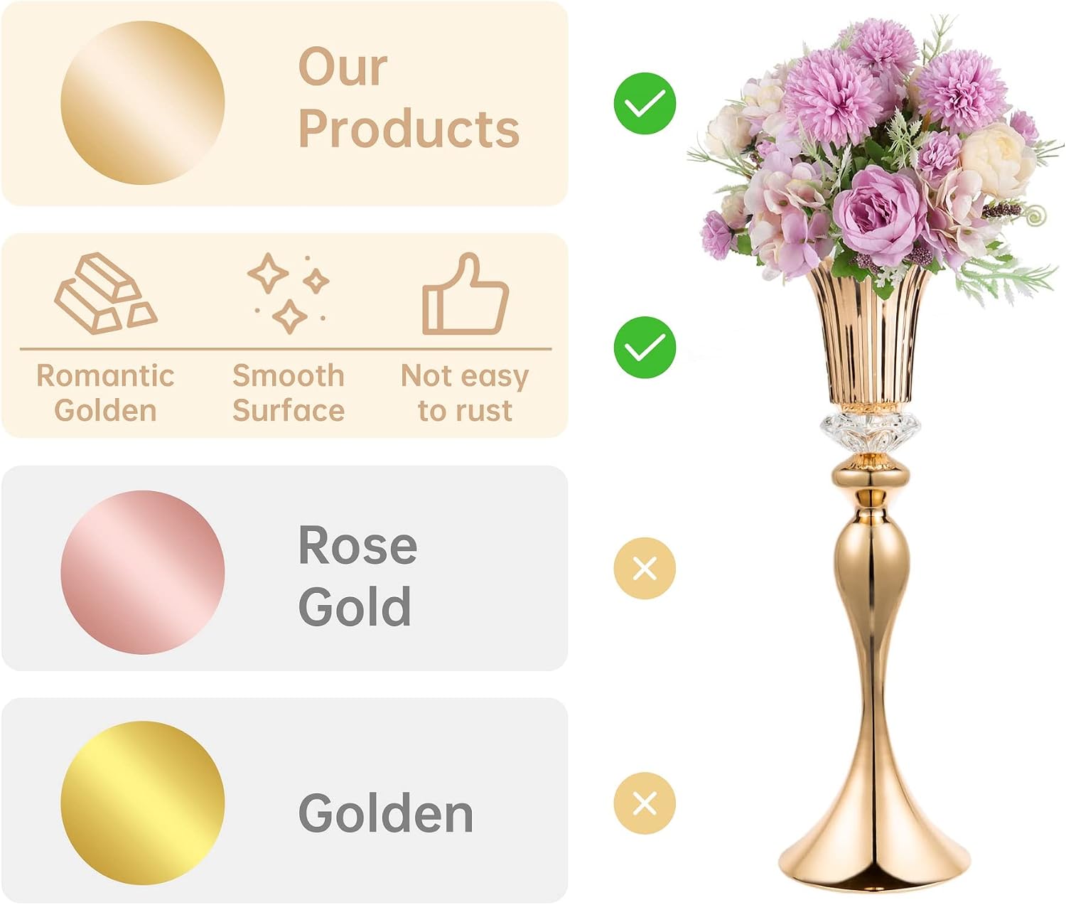 Metal Wedding Flower Vases for Tables - 22' Tall Elegant Table Centerpiece Vases, Gold Trumpet Flower Stands for Anniversary Ceremony Birthday Party Event Wedding Home Decorations (10, Gold)