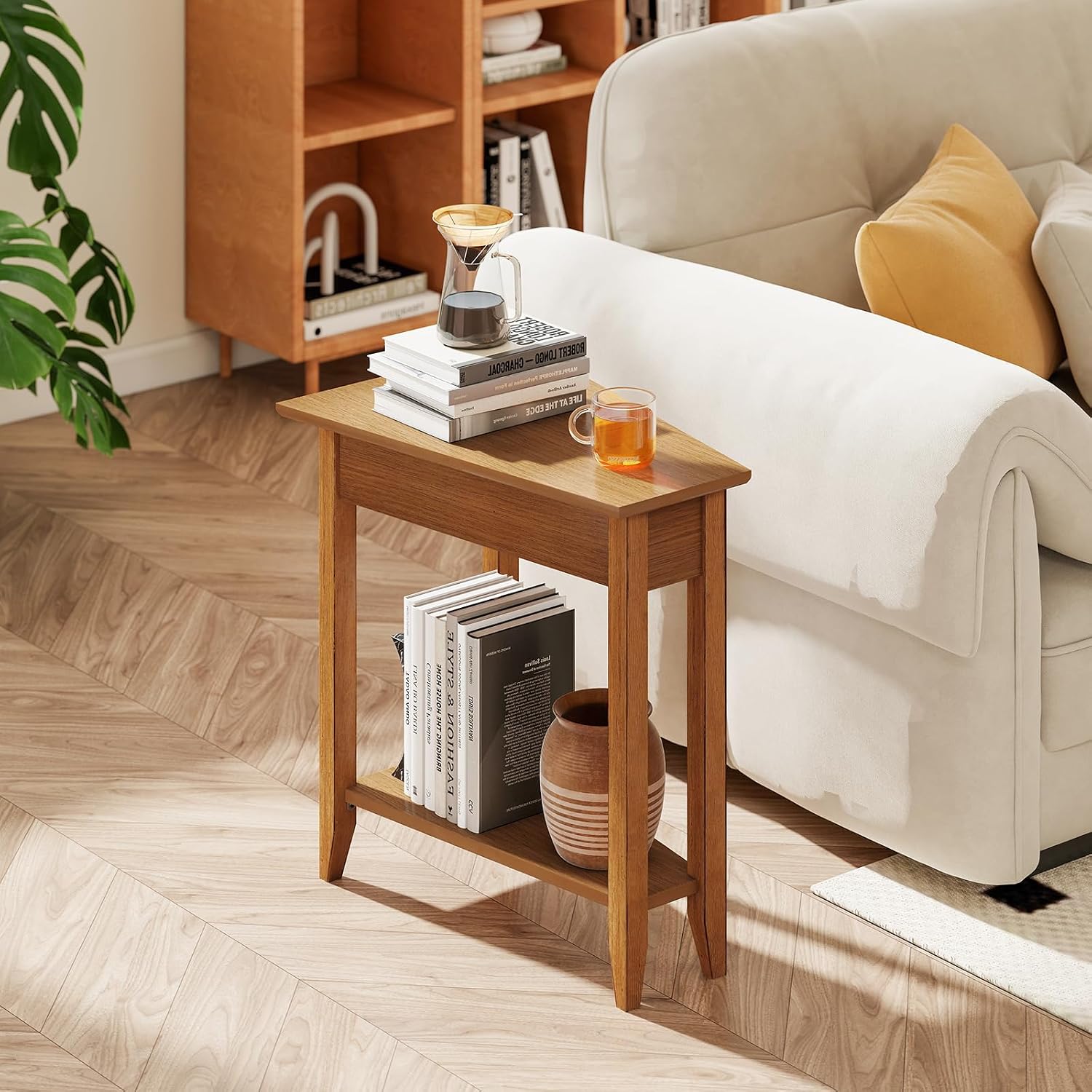Giantex Wedge End Table, Triangle Side Table with Storage Shelf and Solid Wood Legs, 24.5' Tall Nightstand, Modern Narrow Accent Recliner Table for Small Space Living Room, Walnut