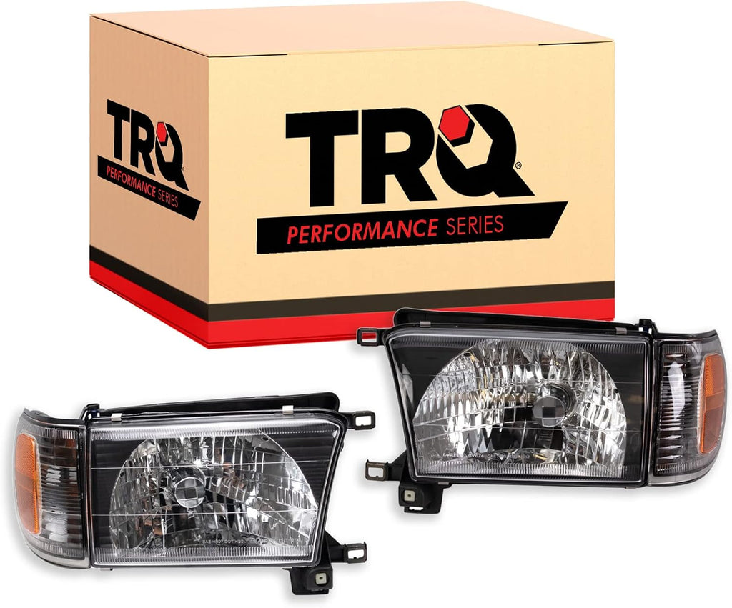 TRQ Performance Driver and Passenger Side Headlight Assembly Set Black Housing Compatible with 99-02 Toyota 4Runner