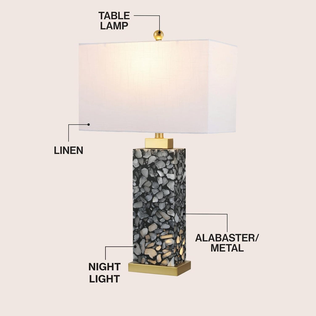 JONATHAN Y 27.5' Black Alabaster Gold Rectangular Table Lamp with Night Light Contemporary Coastal Bedside Lamp for Bedroom with White Linen Shade LED Bulbs Included JYL6201C