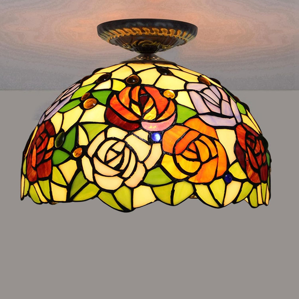 Tiffany Stained Glass Single Lampshade 12 Inch Colored Rose Table Lamp Shade Pendant Hanging Light Fixture Ceiling Lamp Replacement Shade Red Orange Blue Pink Flower Green Leaves,B2