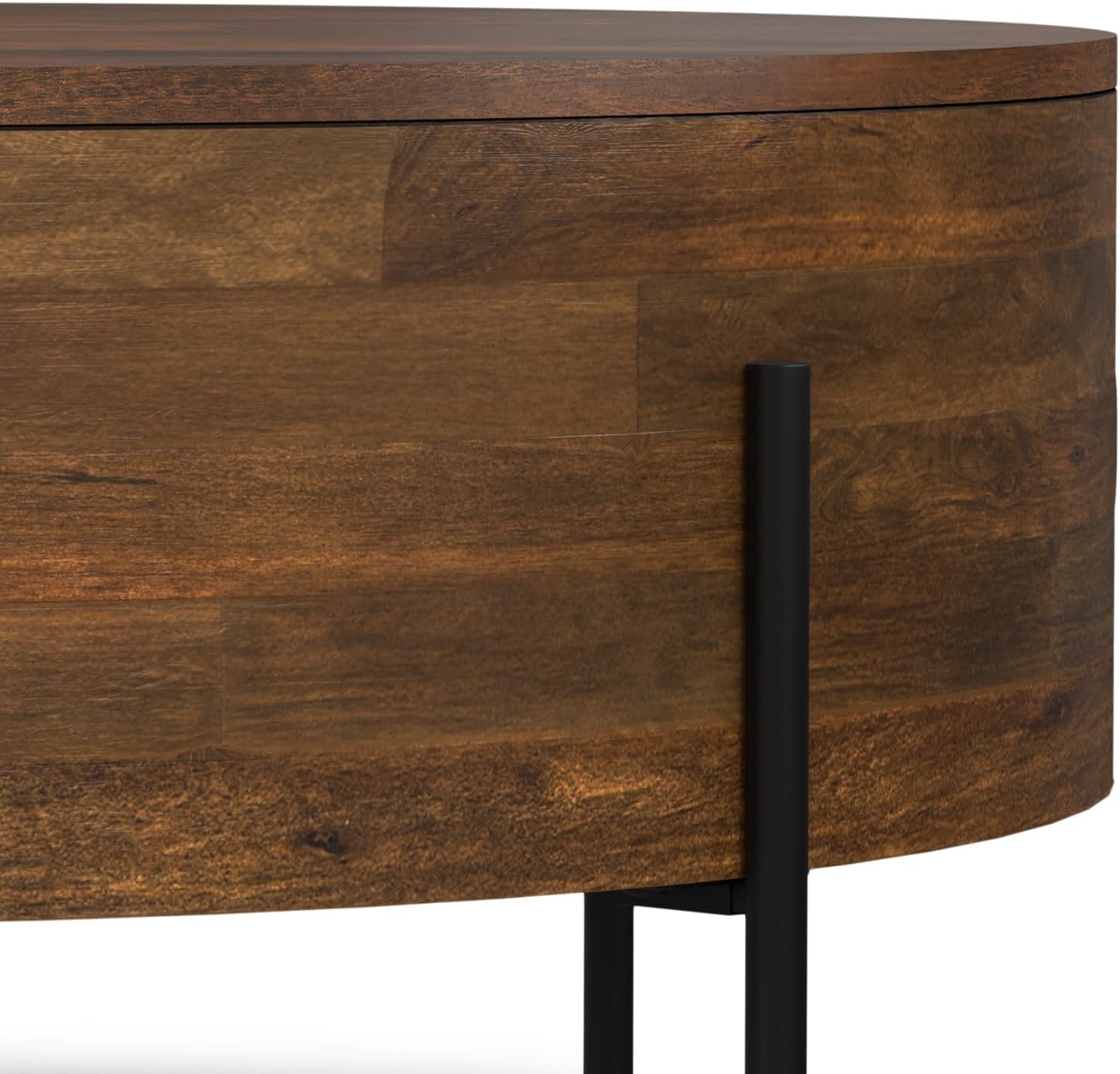 SIMPLIHOME Rayburn Drum Coffee Table - 38 inch Wide Solid Mango Wood Round Living Room Table in Walnut Brown, Modern Urban Center Table for Family Room with Black Metal Legs and Large Surface