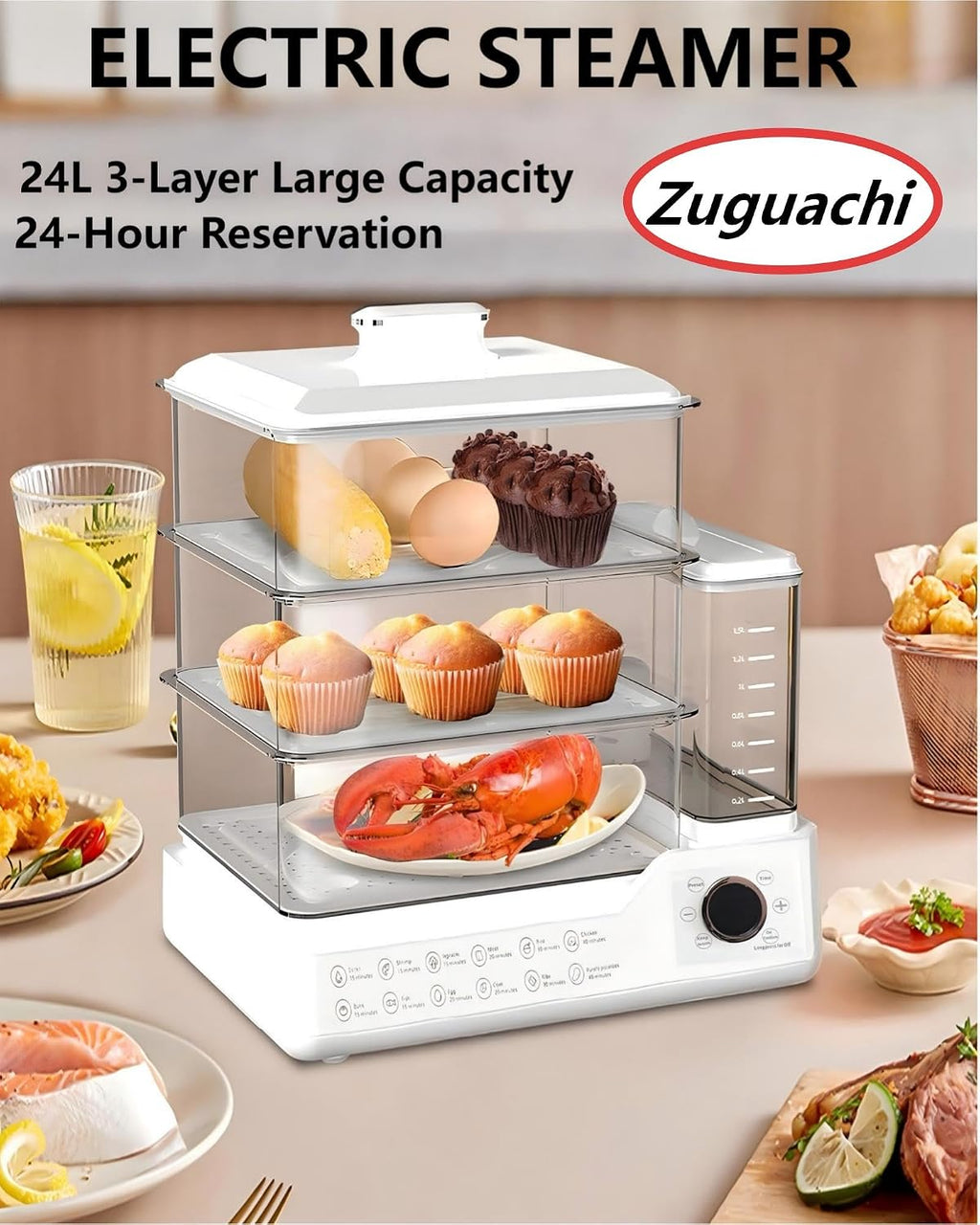 24L Electric Steamer, 800W 3-Layer Food Steamer with Detachable Water Tank, 24-Hour Timer & Auto Keep Warm, Digital Touch Panel for Family & Gatherings