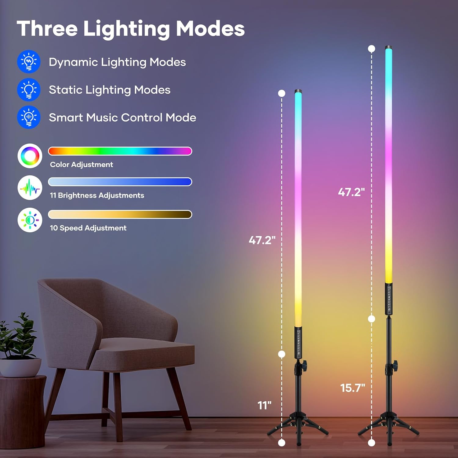 4 Pack LED Tube Light, 4ft RGB Light Tube with Stand, Handheld DJ Stage Lights Bar for Party, 500 Effects, Music Sync/Dynamic/Static Modes, 5000mAh Rechargeable Battery