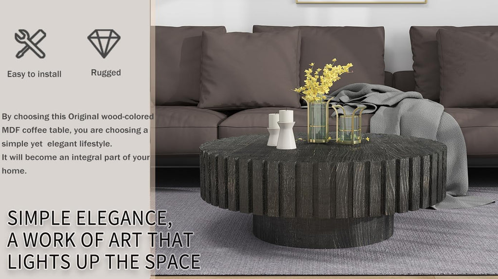 Round Wood Coffee Table for Living Room Modern Rustic Fluted Solid Wood Coffee Table Pedestal Center Table Circle Tea Tables for Apartment Easy Assembly(31.5''Antique Black)