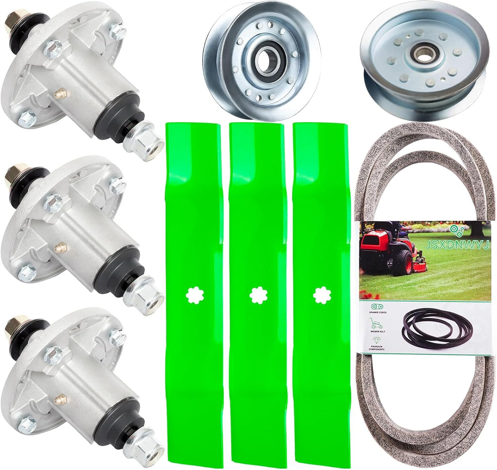 48 Inch Mower Deck Rebuild Kit - Fits John Deere E160 E140 E150 E170 3 Spindles (GY20454 GY21098) 3 Blades (GY20852) 2 Idler Pulley (GY20067 GY22082) 1 Belt (GX20571)