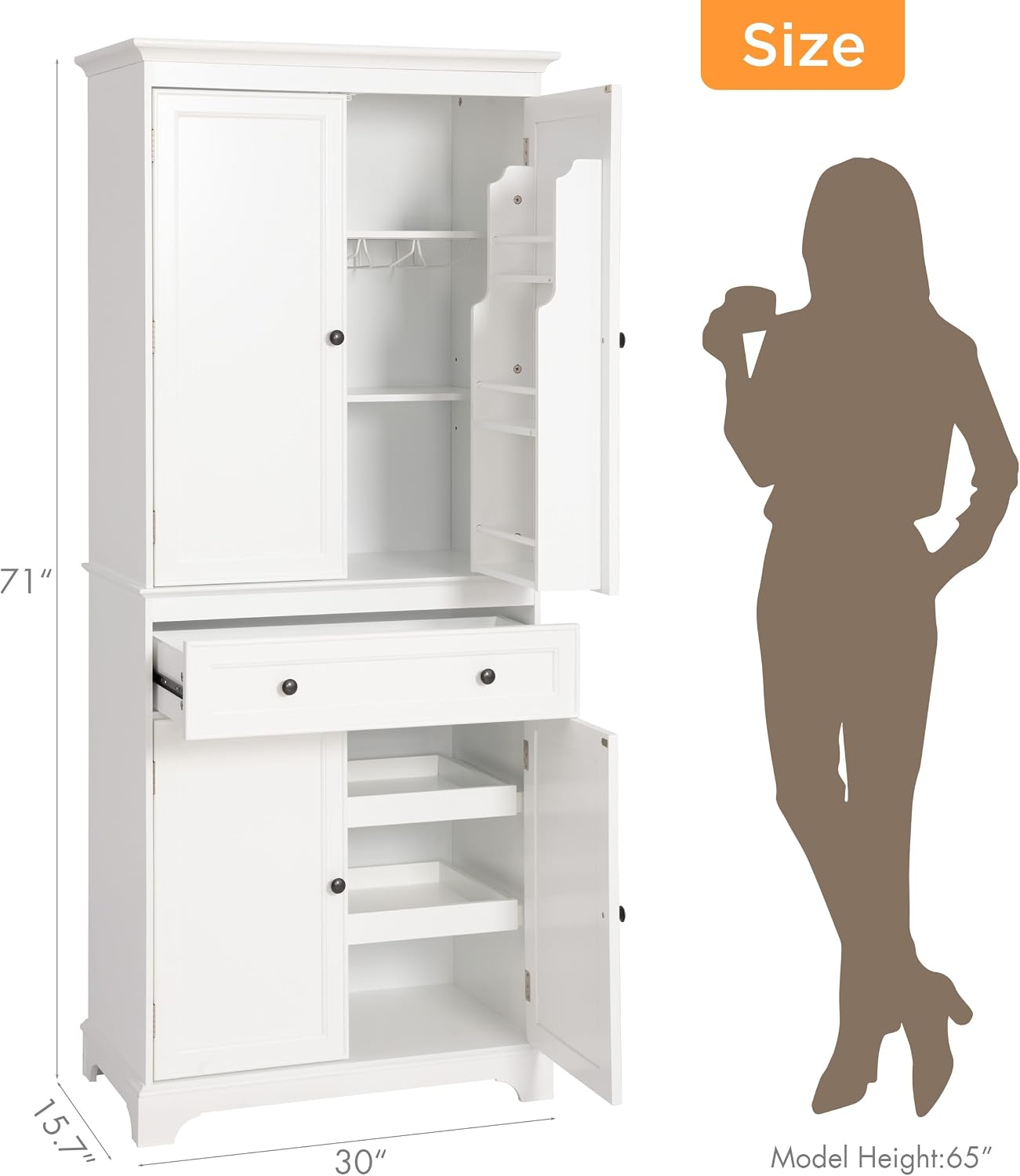 Spirich 71'' Tall Kitchen Pantry Cabinet, Wood Food Pantry Cabinet with Drawers and Wine Glass Rack, Freestanding Storage Cabinet for Kitchen, Living Room, Dining Room, White