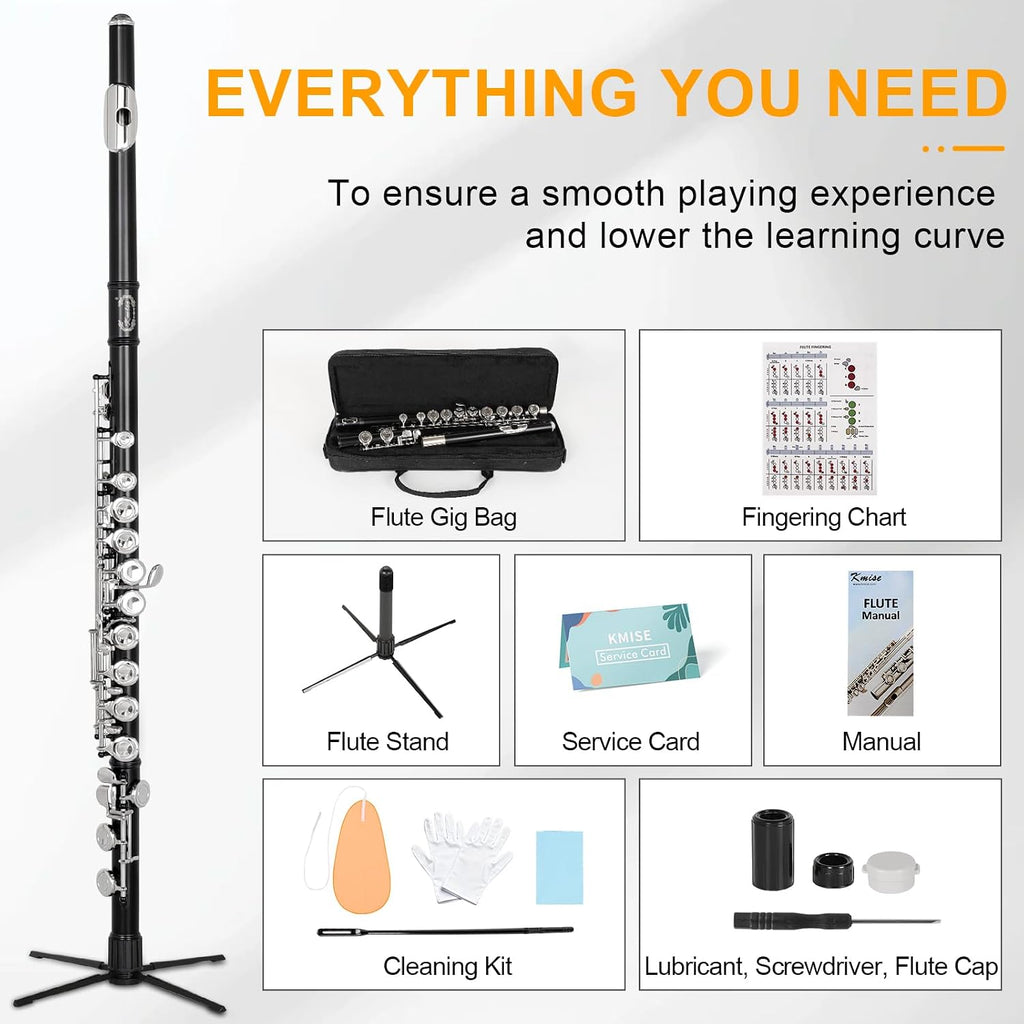 Kmise Closed Hole C Flute, Responsive Flute Instrument, Premium and Durable Flutes with Gig Bag, Collapsible Stand, Beginner's Guide, Cleaning Kit - Effortless for Beginners, Students (Matte Black)
