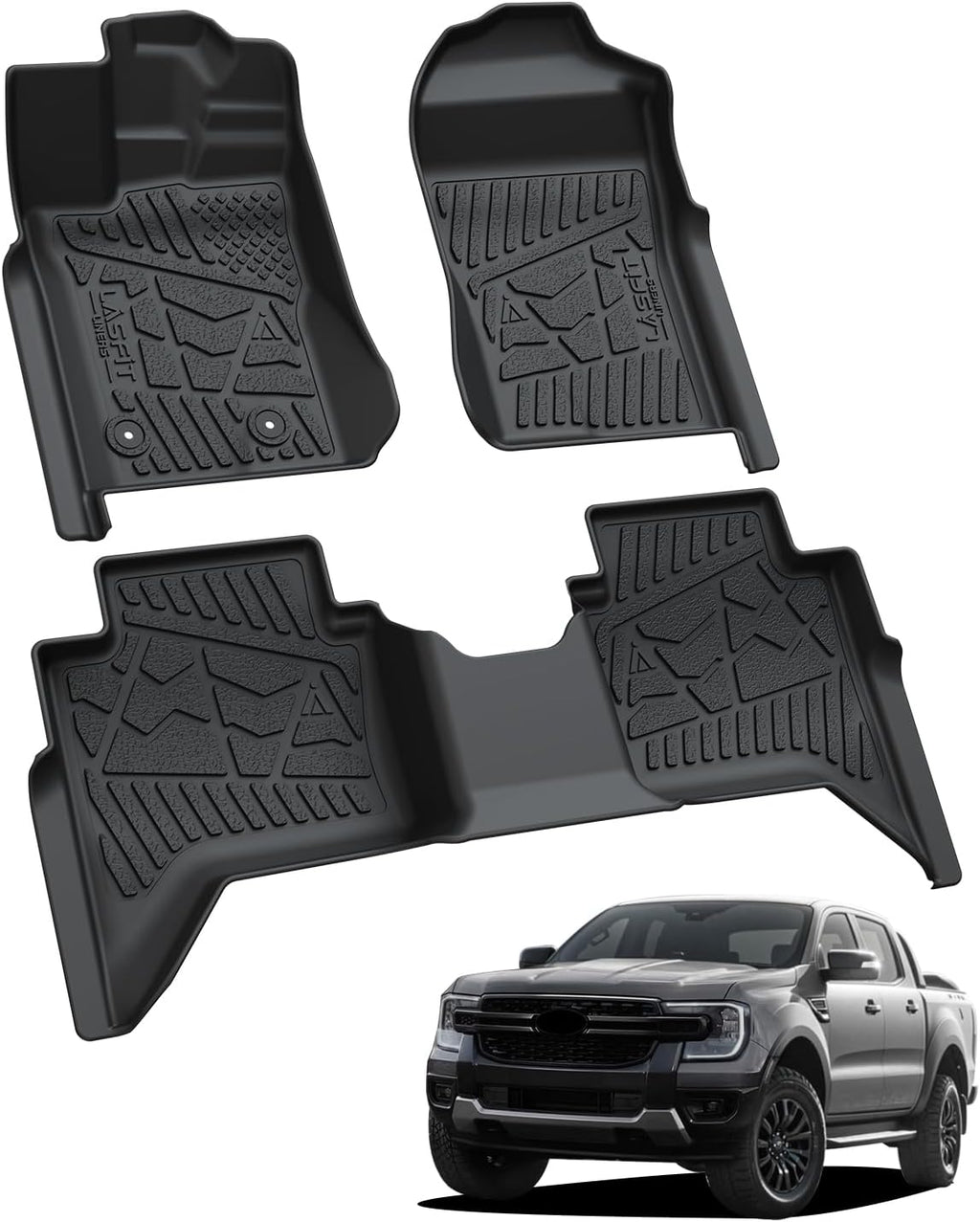 LASFIT Floor Mats for Ford Ranger 2026 2025 2024 SuperCrew Cab All Weather Truck Protector TPE Carpeted Floor Liners, Front and Rear Row, 3pc Black