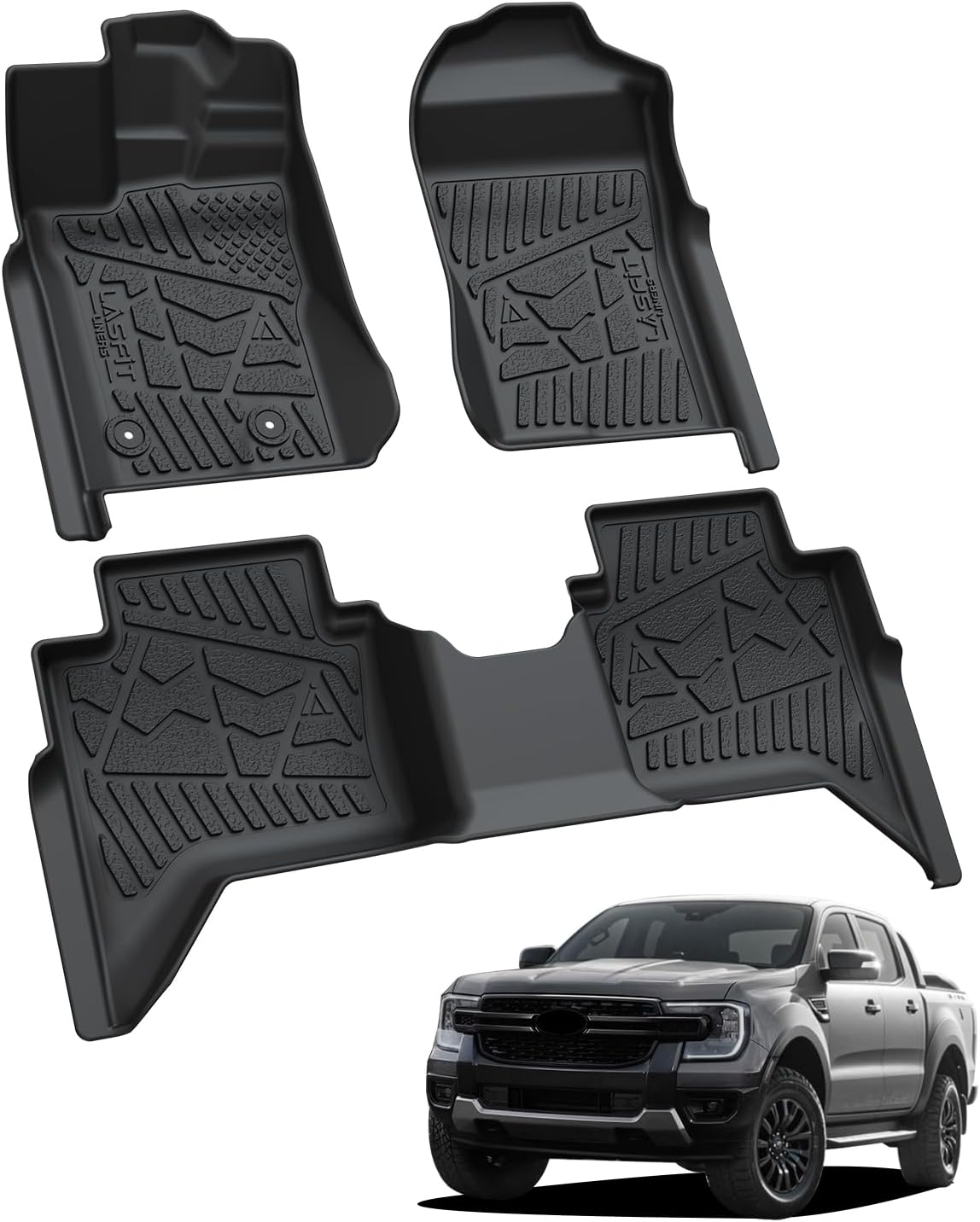 LASFIT Floor Mats for Ford Ranger 2026 2025 2024 SuperCrew Cab All Weather Truck Protector TPE Carpeted Floor Liners, Front and Rear Row, 3pc Black