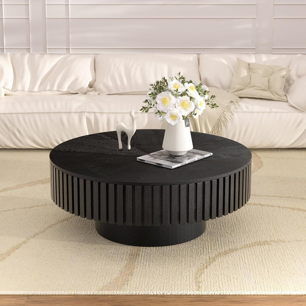 Round Drum Coffee Table with Storage, 31.5' Modern Handcraft Fluted Drum Coffee Table, Wooden Circle Center Table with Sturdy Pedestal for Living Room Apartment (31.5' Black with Storage)