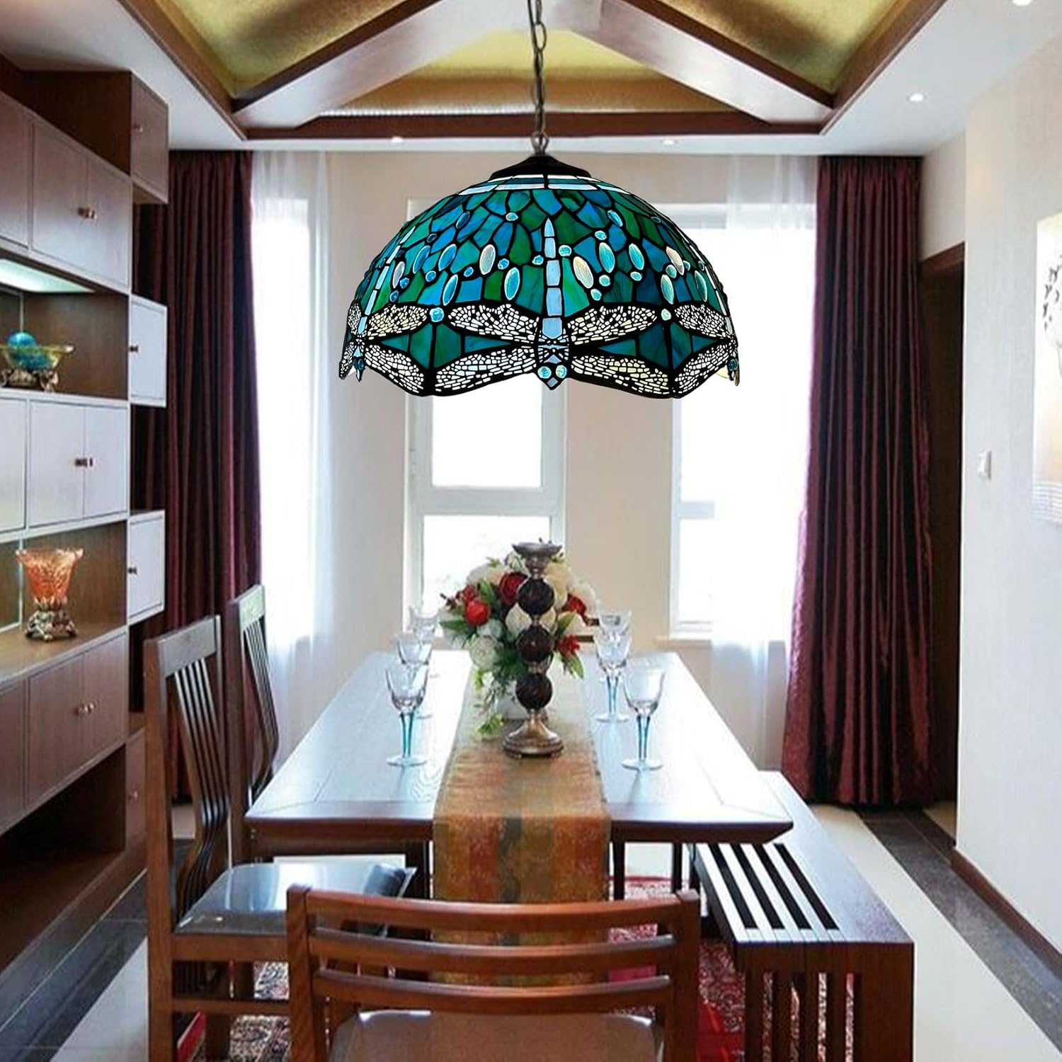 16-Inch Dragonfly Lampshade Replacement, Tiffany Style Stained Glass Lamp Shade Only for Table Lamps Pendant Lamps Floor Lights Ceiling Fixture,Blue