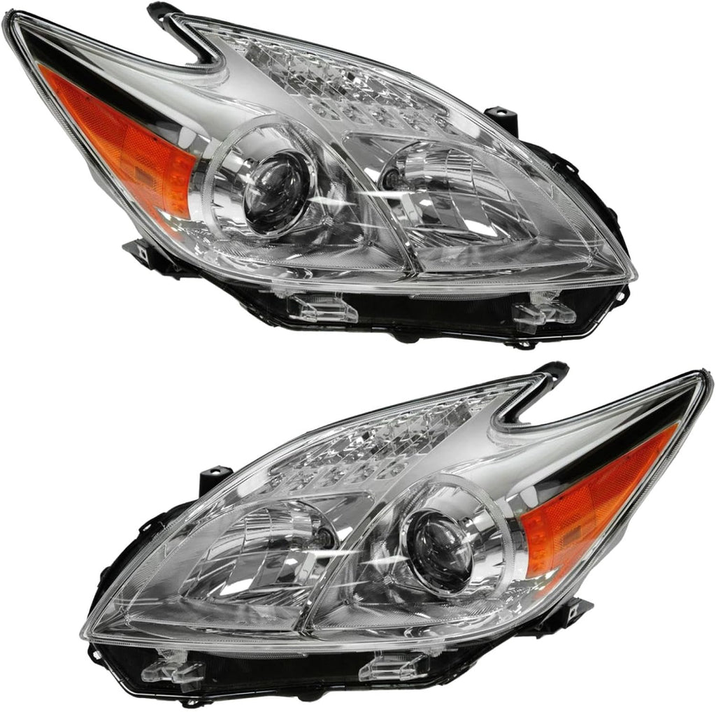 TRQ Driver and Passenger Side Headlight Assembly Set Compatible with 12-15 Toyota Prius Halogen Only