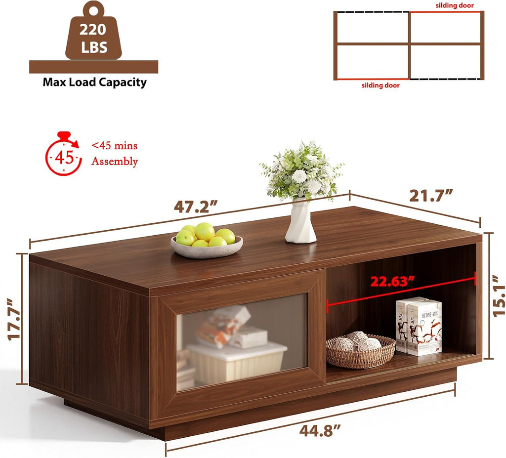 HSH Walnut Coffee Table for Living Room, 47 Inch Modern Wood Rectangle Coffee Tables with Sliding Door and Storage Open Shelf, Large Low Center Table for Home Decor