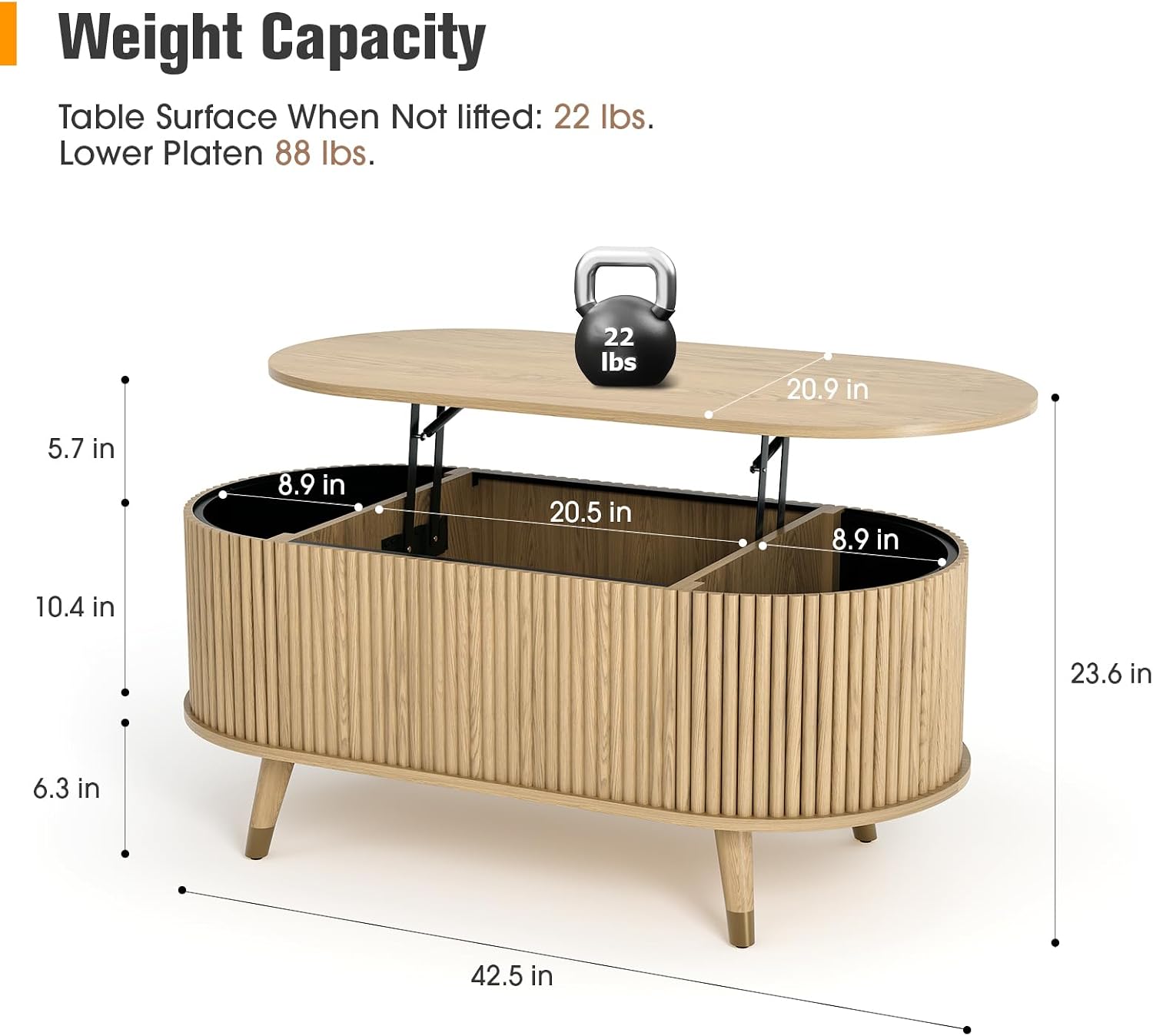 Oval Lift Top Coffee Table with Storage, 42.5' Fluted Coffee Table with Lifting Top & Solid Wood Legs, Mid Century Modern Center Table for Living Room, Home Office, Oak
