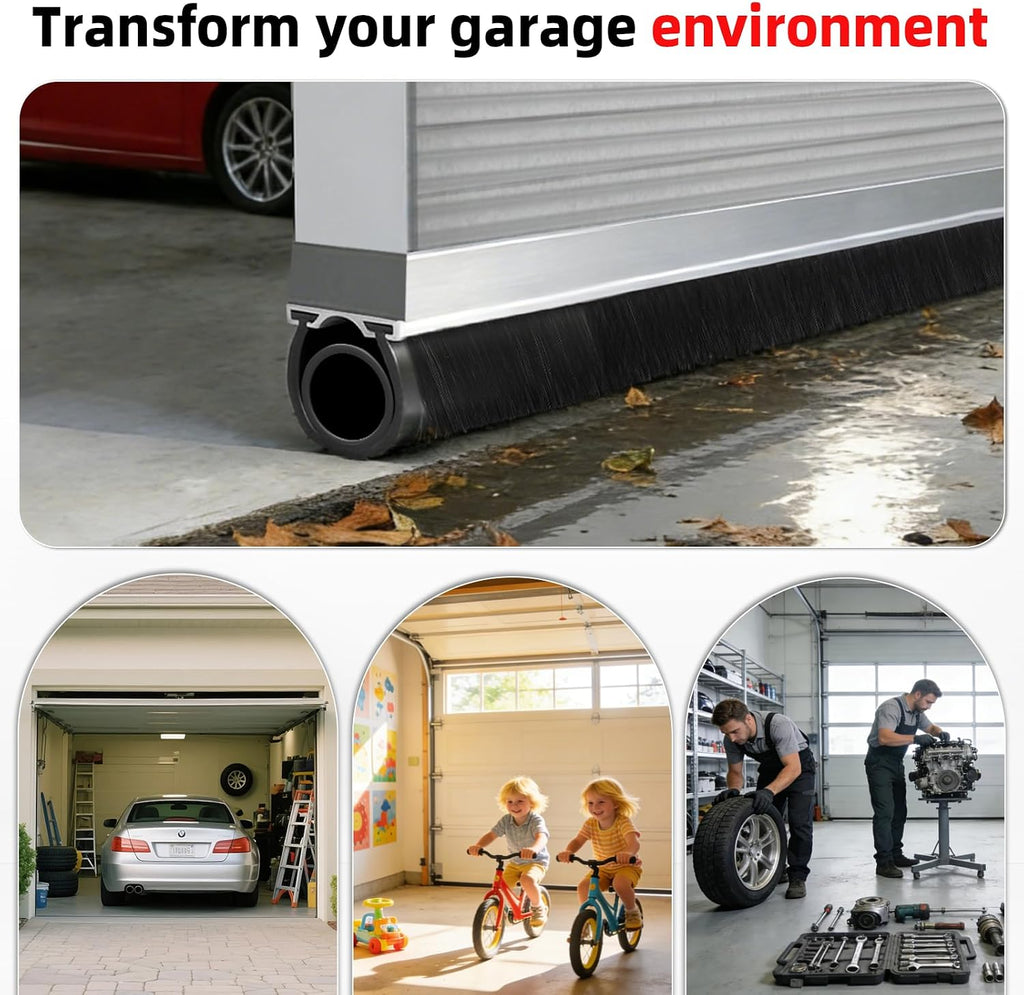 20FT Universal Garage Door Seals Kit，Heavy Duty EPDM U+O Bottom Rubber Weatherproof Seal & Brush with Pre-drilled Aluminum Track，Universal Replacement Stops Rain, Drafts & Pests