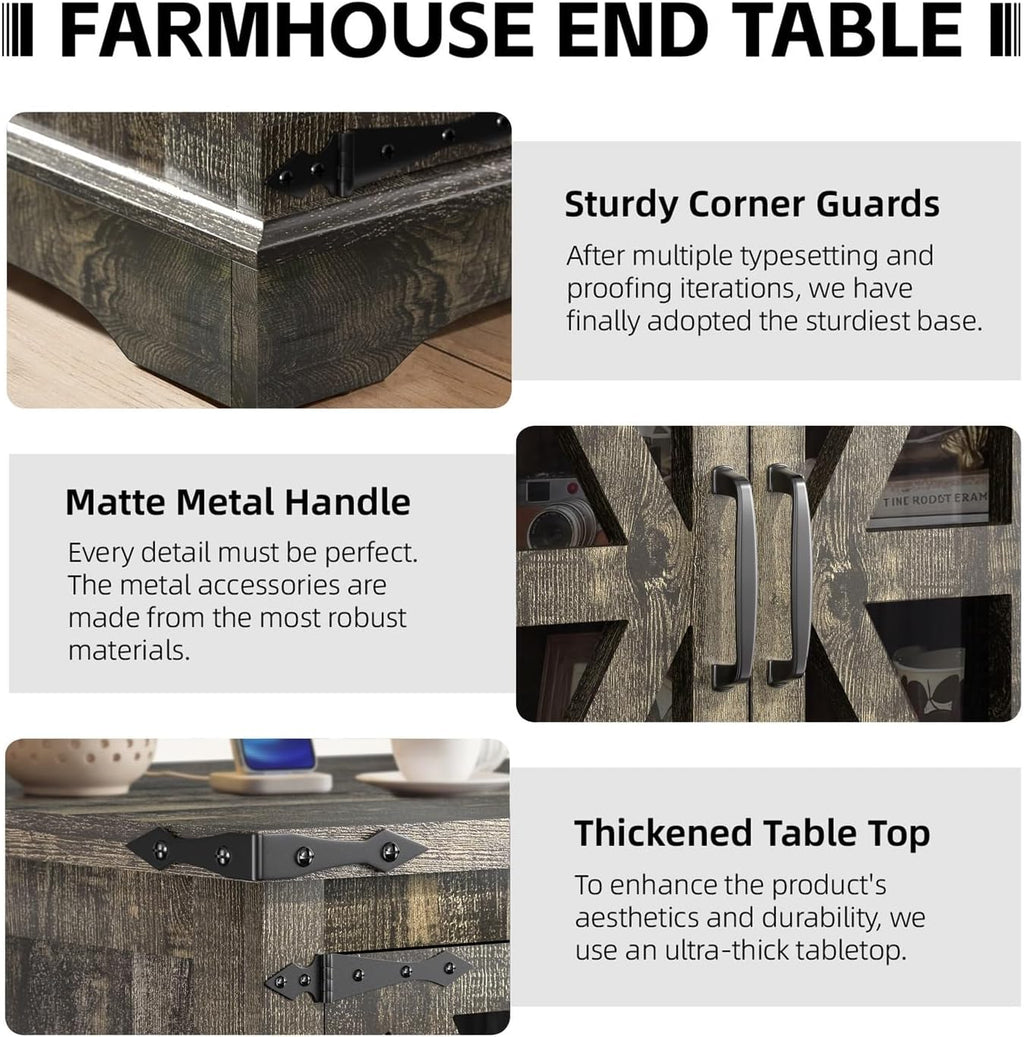 Farmhouse End Table, 24' Large End Tables with Storage, Rustic Square Sofa Beside Table with Glass Barn Door, Wood Side Table Square Nightstand for Living Room, Bedroom, Office (Antique Finish)