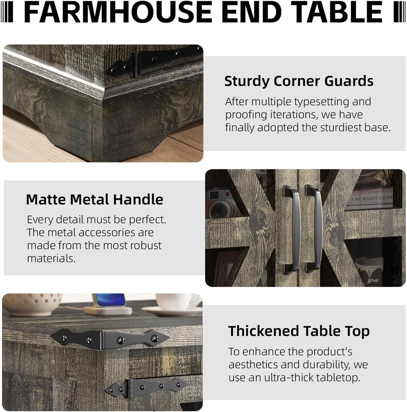 Farmhouse End Table, 24' Large End Tables with Storage, Rustic Square Sofa Beside Table with Glass Barn Door, Wood Side Table Square Nightstand for Living Room, Bedroom, Office (Antique Finish)