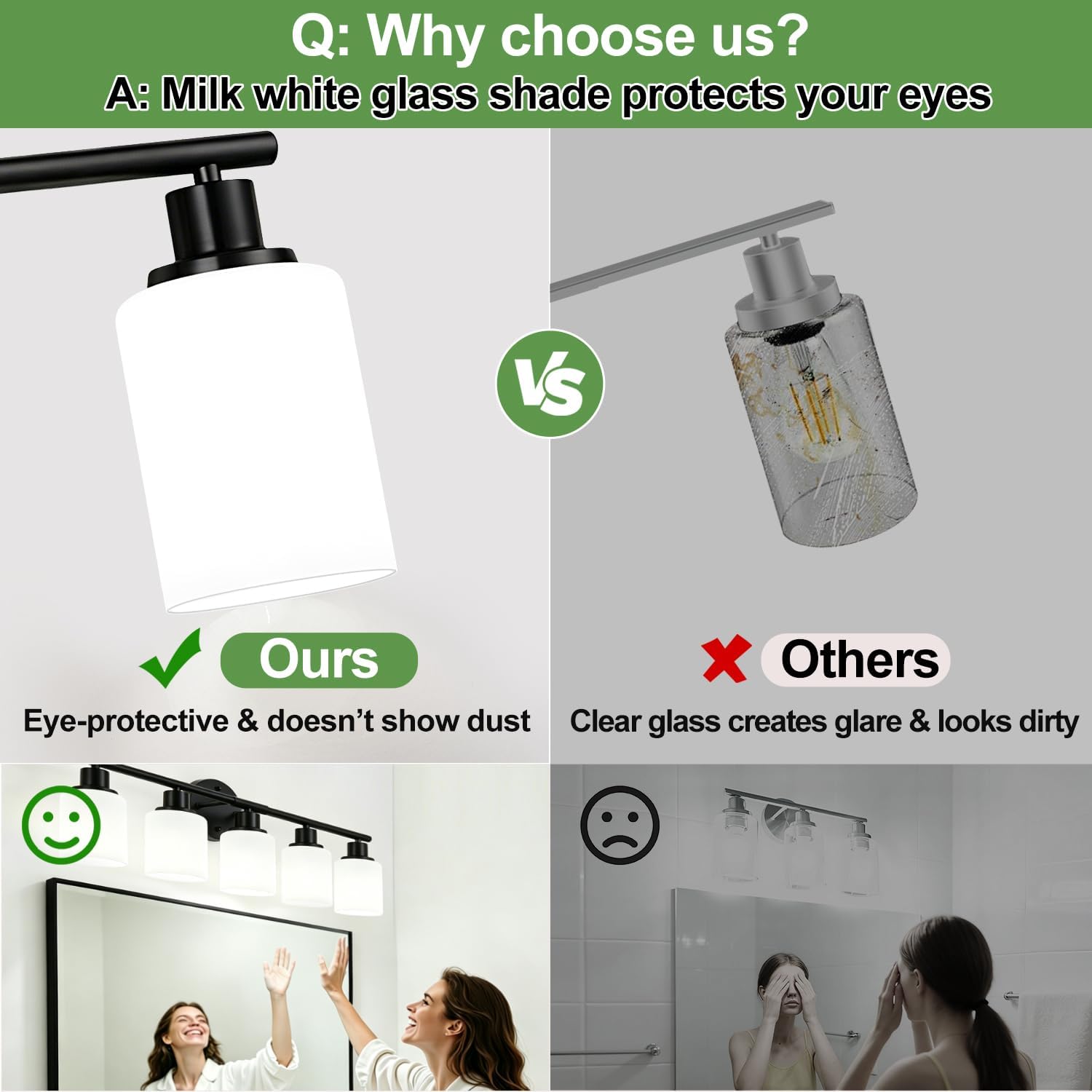 5-Light Bathroom Light Fixtures, Black Modern Vanity Lights with Milky White Frosted Glass Shades, Bathroom Wall Lamp, Clear Glass Shade, for Mirror, Living Room, Kitchen, Hallway, Cabinet, Porch