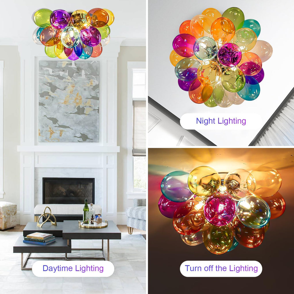 Semi Flush Mount Bubble Chandelier,Close to Ceiling Light Fixtures,16' Modern Bubble Balloon Glass Chandelier with Colorful Globe Glass Shades Pendant Light (Colorful Ceiling, 20 inch)