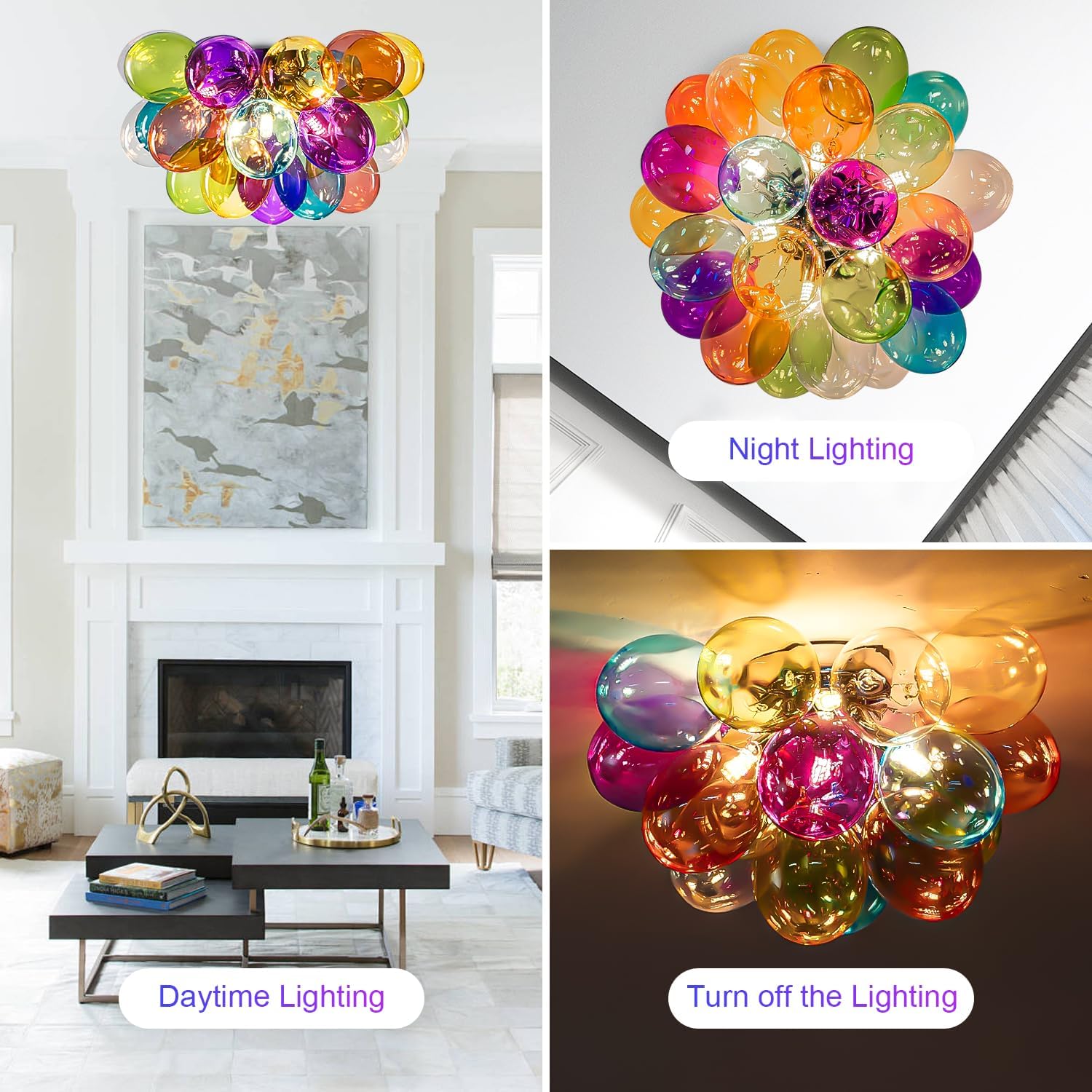 Semi Flush Mount Bubble Chandelier,Close to Ceiling Light Fixtures,16' Modern Bubble Balloon Glass Chandelier with Colorful Globe Glass Shades Pendant Light (Colorful Ceiling, 20 inch)