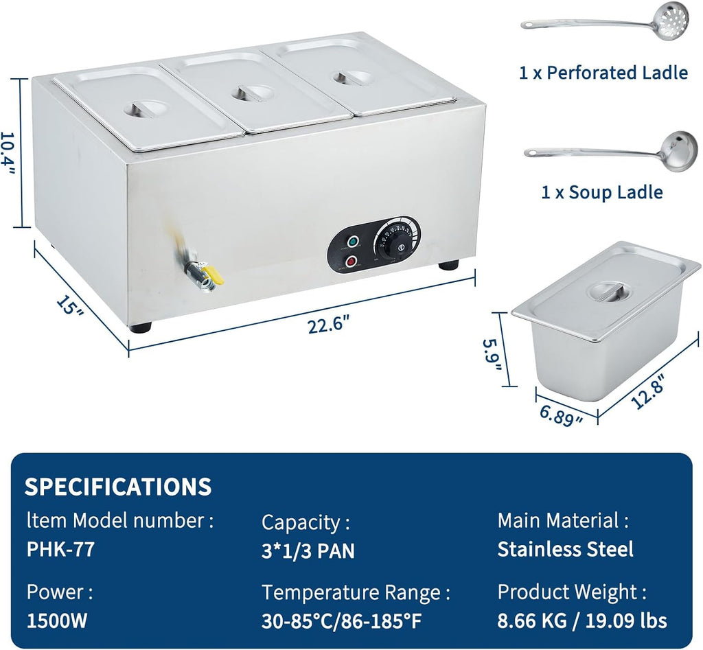 Commercial Food Warmer Stainless Steel 1500W Electric Buffet Server Bain Marie,3-Pan Catering Hot Food Station for Restaurants, Hotels, Banquets