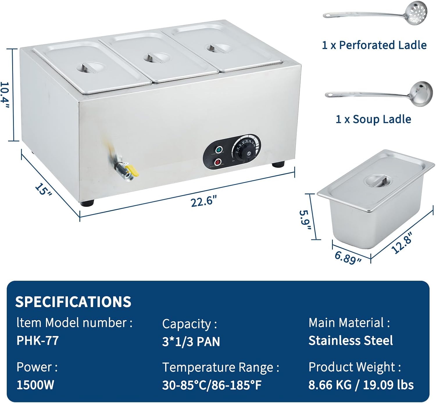 Commercial Food Warmer Stainless Steel 1500W Electric Buffet Server Bain Marie,3-Pan Catering Hot Food Station for Restaurants, Hotels, Banquets