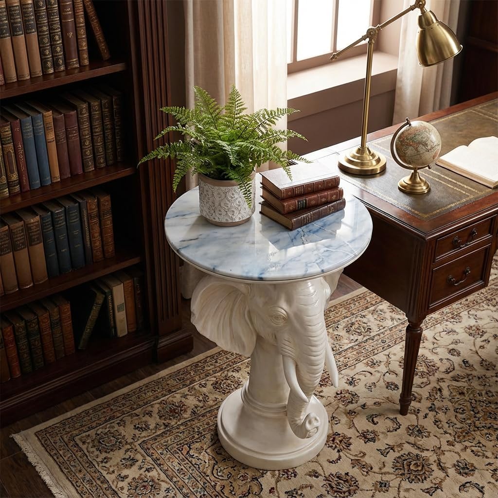 Modern Accent Table with Elephant Ornament Base, Minimalist Faux Marble End Table for Living Room Reception Area & Bedroom, 19.69 Inches Wide × 25.98 Inches High