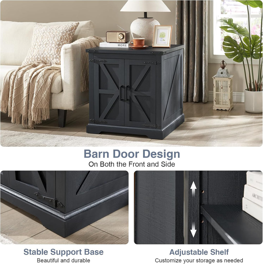 Barnyatoh Farmhouse End Table with Charging Station,24' Large Sofa Side Table with Barn Door, Rustic Wood Square Nightstand Bedside Table with Adjustable Storage Shelf for Living Room, Bedroom,Black