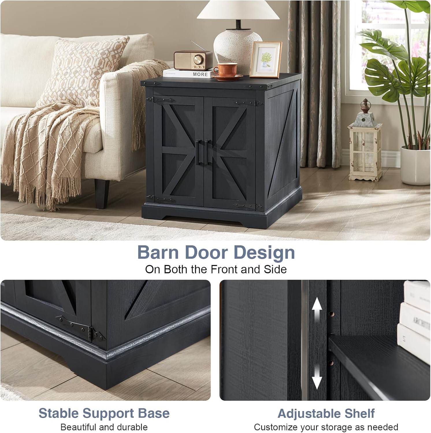 Barnyatoh Farmhouse End Table with Charging Station,24' Large Sofa Side Table with Barn Door, Rustic Wood Square Nightstand Bedside Table with Adjustable Storage Shelf for Living Room, Bedroom,Black