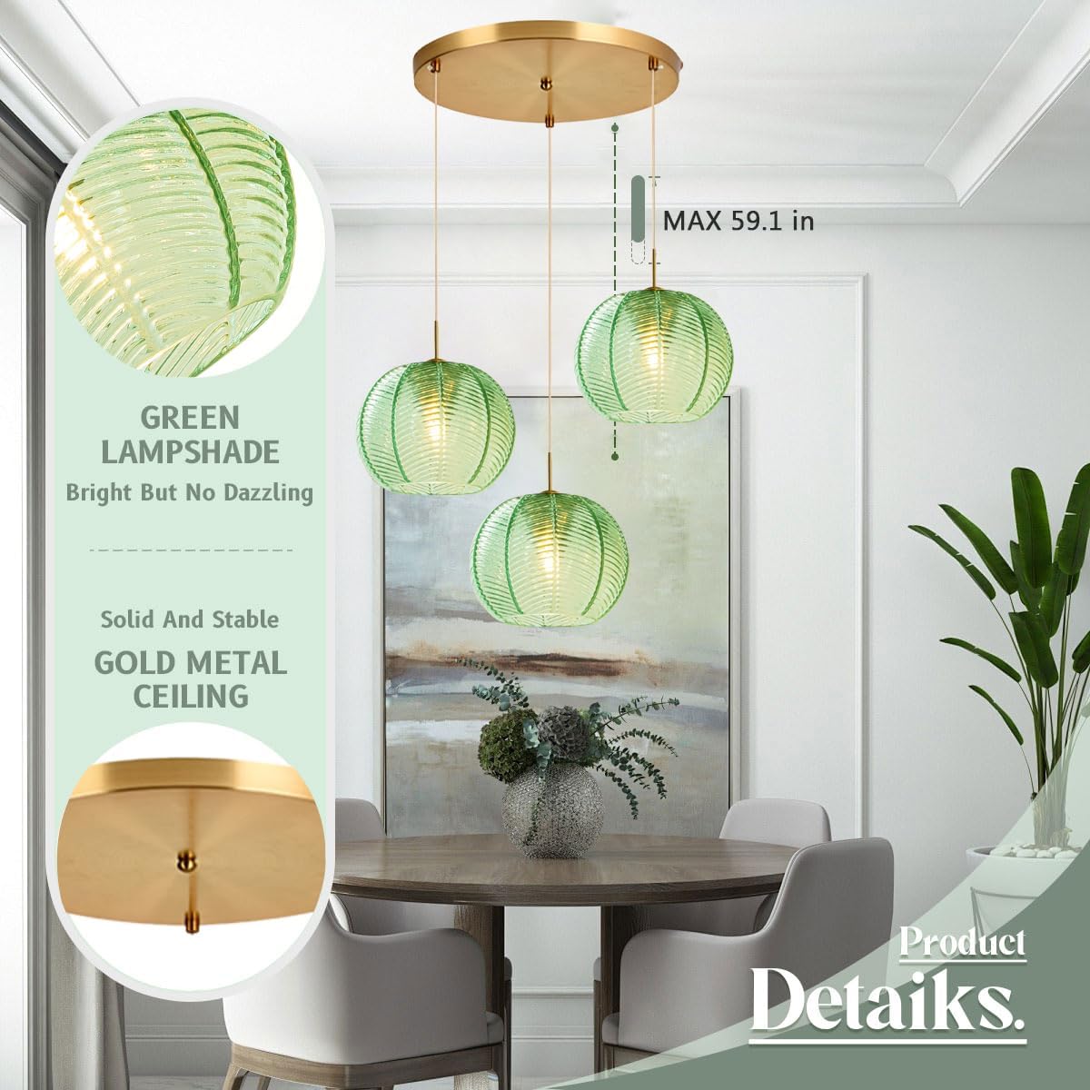 Mid Century Modern Chandelier Glass Globe 3-Light 8.6″ Emerald Green Ribbed Glass Shade Large Ball Chandeliers Sputnik Chandelier Vintage Hanging Ceiling Light Fixture Kitchen Island