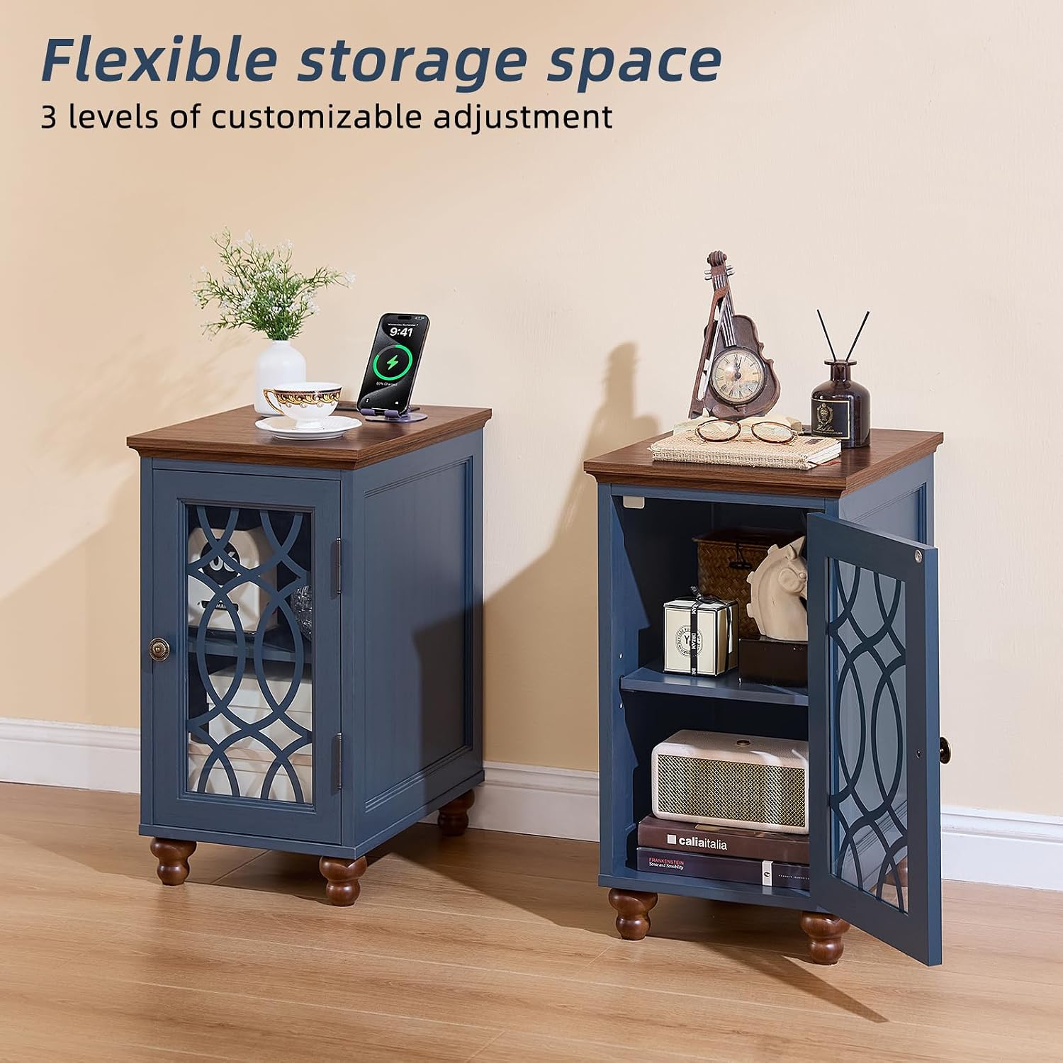 Joaxswe Narrow Side Table with Charging Station Set of 2, Night Stand with Glass Door,Bedside End Tables with Adjustable Shelf Storage Cabinet,Wood Nightstand for Small Spaces Living Room Bedroom
