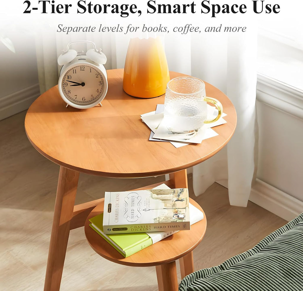 Side Table, 2-Tier Round End Tables Living Room, Mid Century Modern Side Table, Round Nightstand, Oak Accent Table, Small Round Coffee Table, 16.54' Dia.x 23.62' H(Natural)