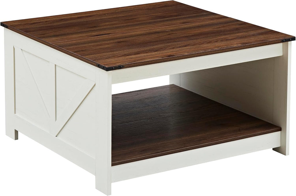 OKYCI Farmhouse Coffee Table for Living Room, Wood Square Coffee Tables, 31.5' D x 31.5' W, Antique White