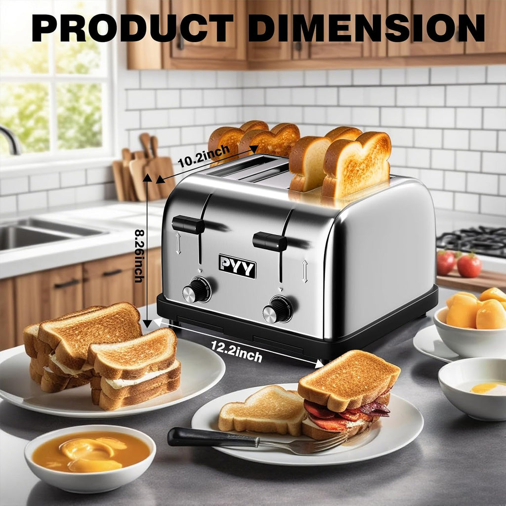 PYY Professional Commercial Toaster 4 Slice - 1800W Stainless Steel Heavy Duty Toaster, 6 Browning Levels, 1.57' Wide Slots, Removable Crumb Tray for Bagels Bread Waffles (Commercial & Home Use)