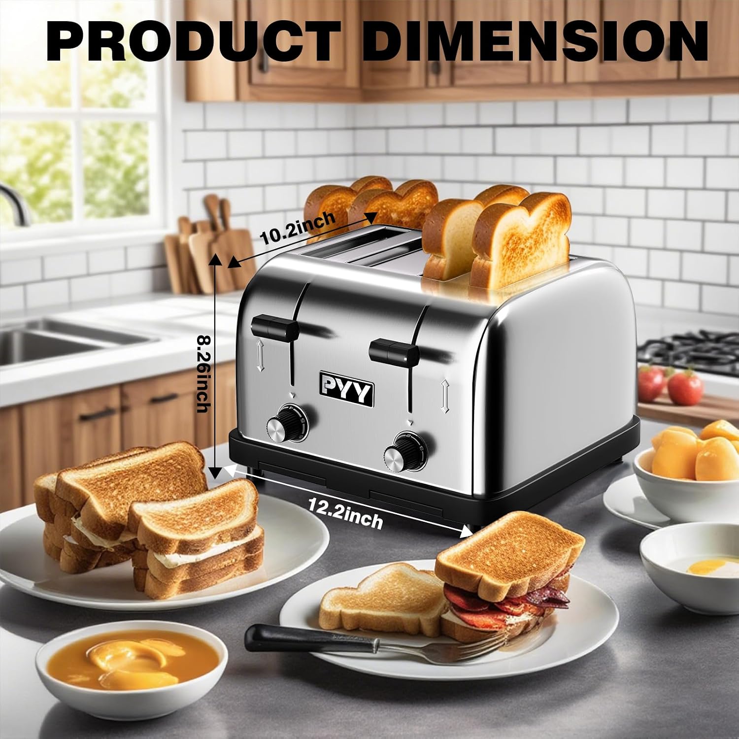 PYY Professional Commercial Toaster 4 Slice - 1800W Stainless Steel Heavy Duty Toaster, 6 Browning Levels, 1.57' Wide Slots, Removable Crumb Tray for Bagels Bread Waffles (Commercial & Home Use)