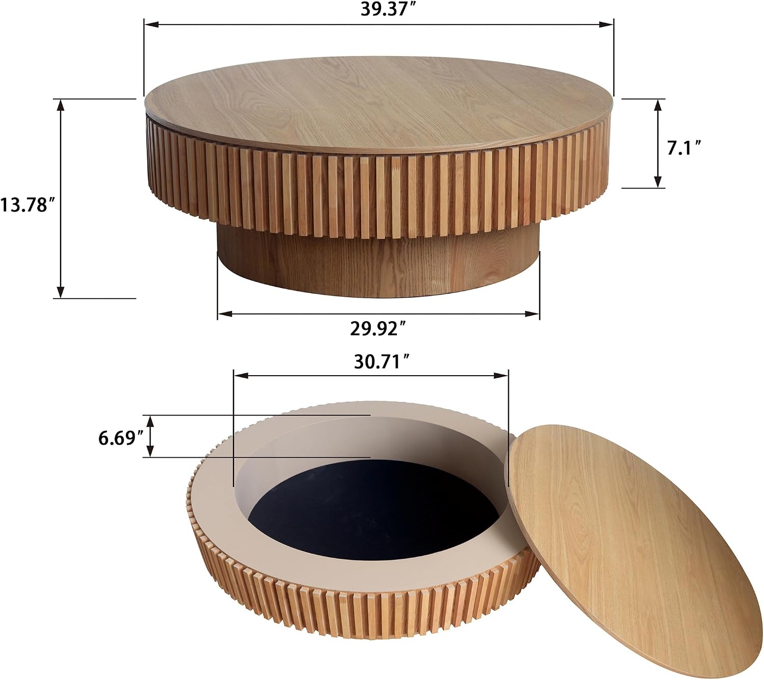 39.37' Round Coffee Table with Storage for Living Room Wood Coffee Table Contemporary Circle Center Table for Apartment, Easy Assembly, Oak