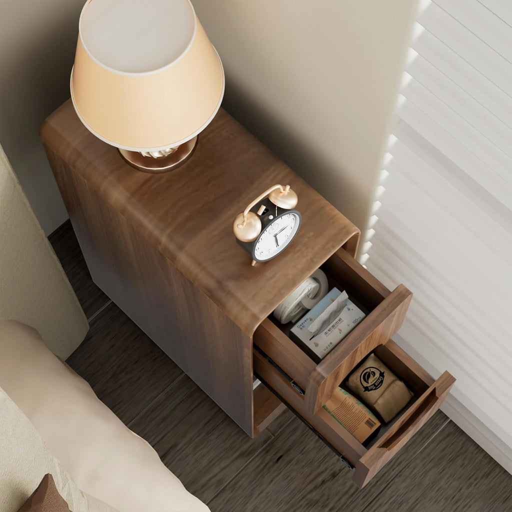 Narrow Walnut Nightstand Set of 2, Small Bedside Table with Circular Drawer, Skinny Side End Table, Wood Nightstand, Mid Century Modern Night Stand for Bedroom, Small Spaces, Slim, Vintage, Boho
