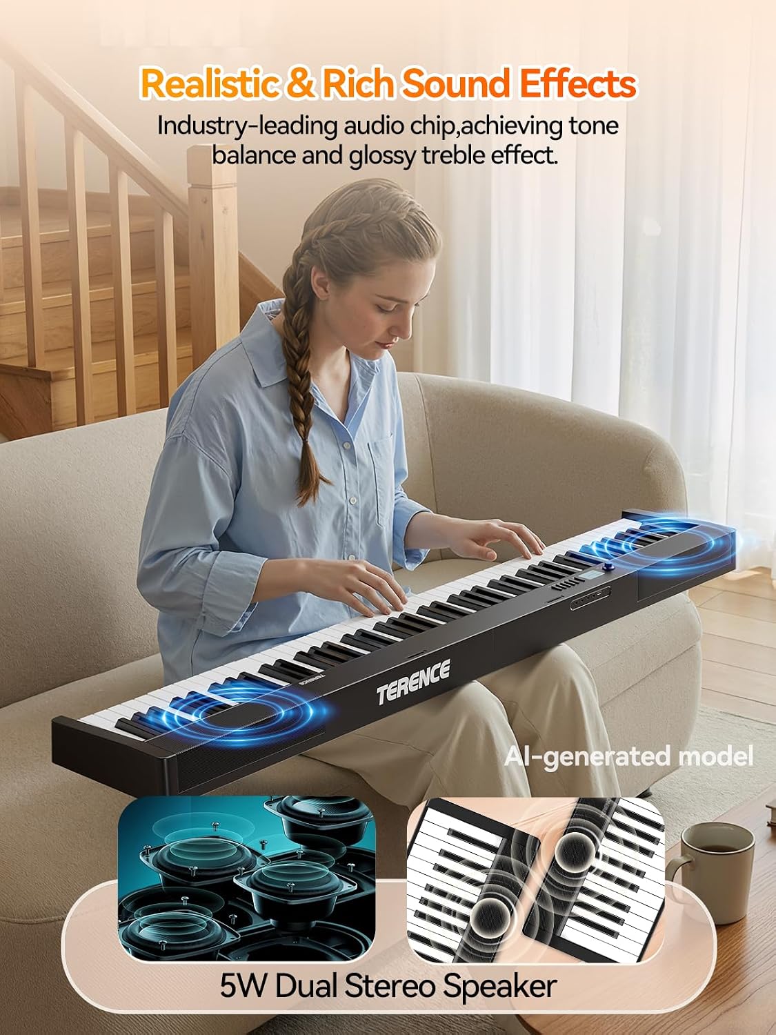 TERENCE V30 Portable Digital Piano 88 Key Weighted Keyboard Built-In 1800mAh Rechargeable Battery,Foldable Piano Keyboard with 2X5W Speakers,Music Stand,Sustain Pedal and Headphone for Beginners,Black