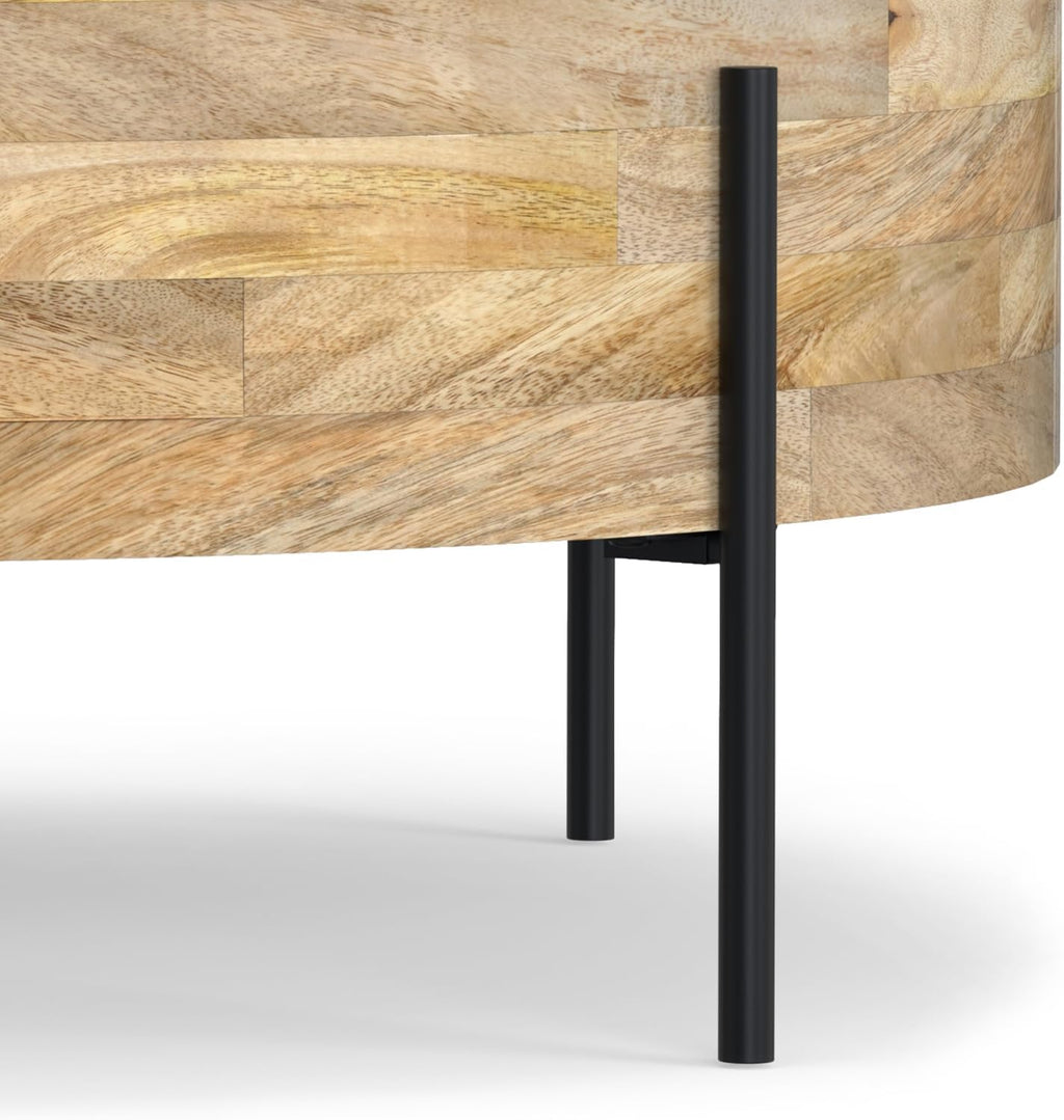 SIMPLIHOME Rayburn Drum Coffee Table - 38 inch Wide Solid Mango Wood Round Living Room Table in Natural, Modern Industrial Center Table for Family Room with Black Metal Legs and Large Surface