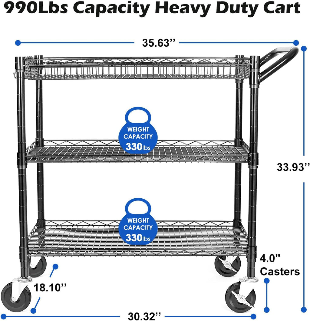 WDT 990Lbs Capacity Heavy Duty Rolling Utility Cart, NSF Rolling Carts with Wheels,Commercial Grade Metal Cart with Handle Bar & Shelf Liner,Trolley Serving Cart for Restaurant,Kitchen,Black