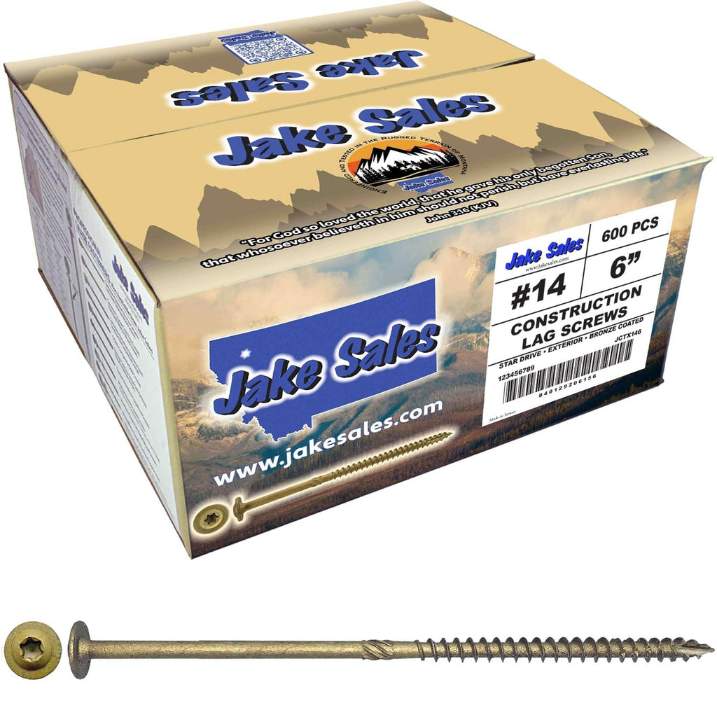 Jake Sales #14 x 6 Construction Lag Screw Exterior Coated Torx/Star Drive Heavy Duty Structural Lag Screw Far Superior to Common Lag Screws (Full Box - 600 Screw Count) Modified Truss Washer Head