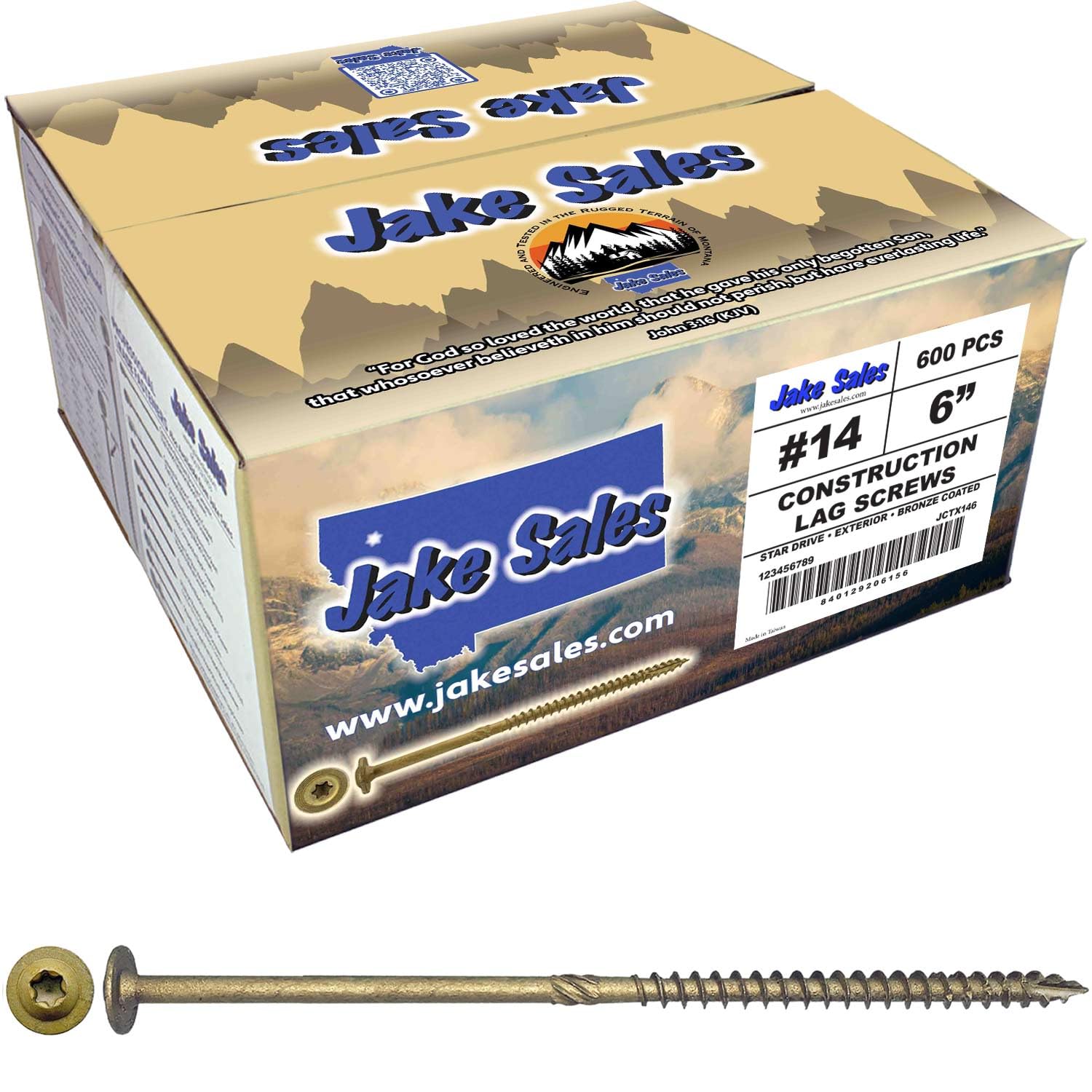 Jake Sales #14 x 6 Construction Lag Screw Exterior Coated Torx/Star Drive Heavy Duty Structural Lag Screw Far Superior to Common Lag Screws (Full Box - 600 Screw Count) Modified Truss Washer Head