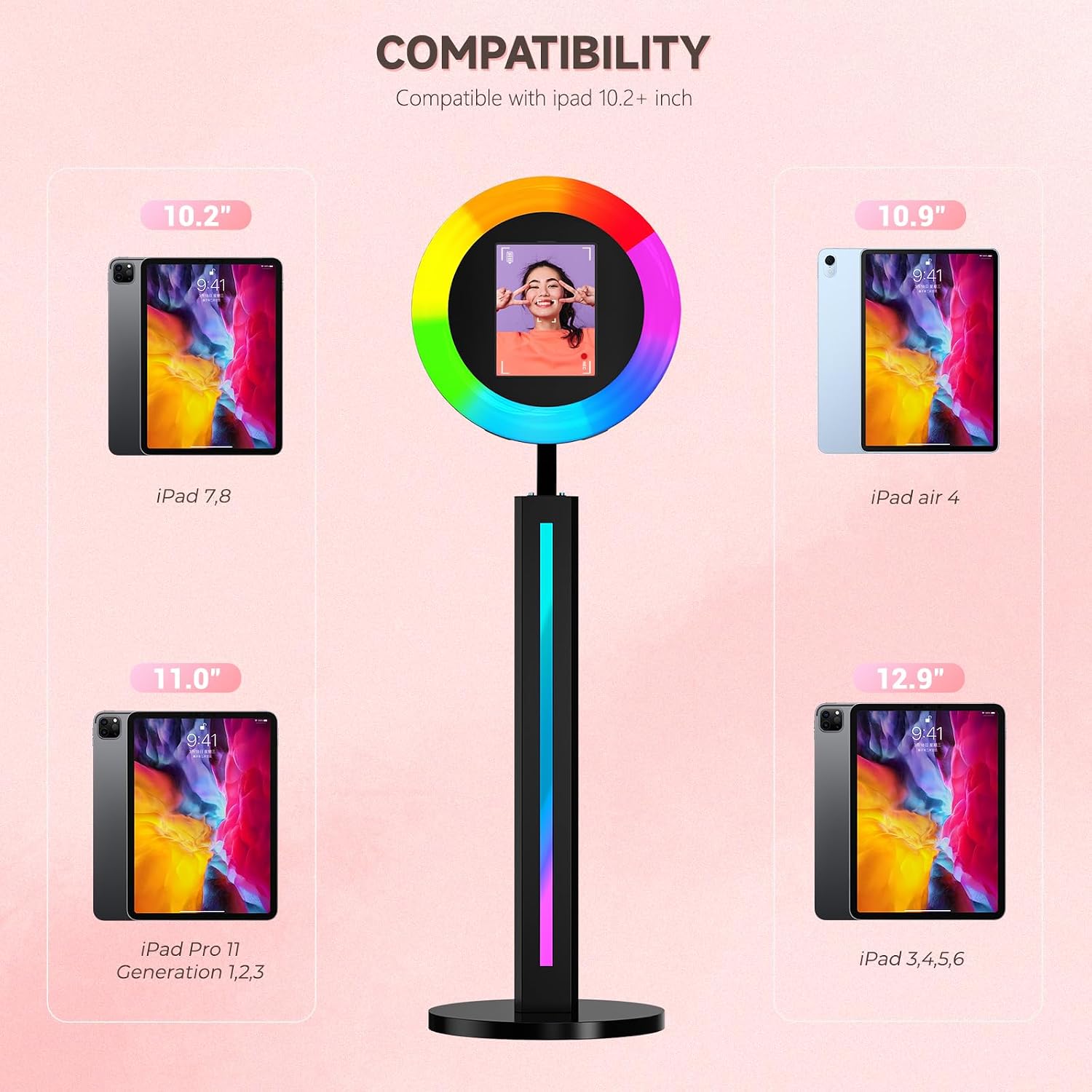 Portable iPad Photo Booth Compatible with Any iPad, 2 Months ChackTok VIP, Selfie Photo Booth with Adjustable Ring Light and Flight Case,RGB Music Sync Light, for Weddings, Parties, Events