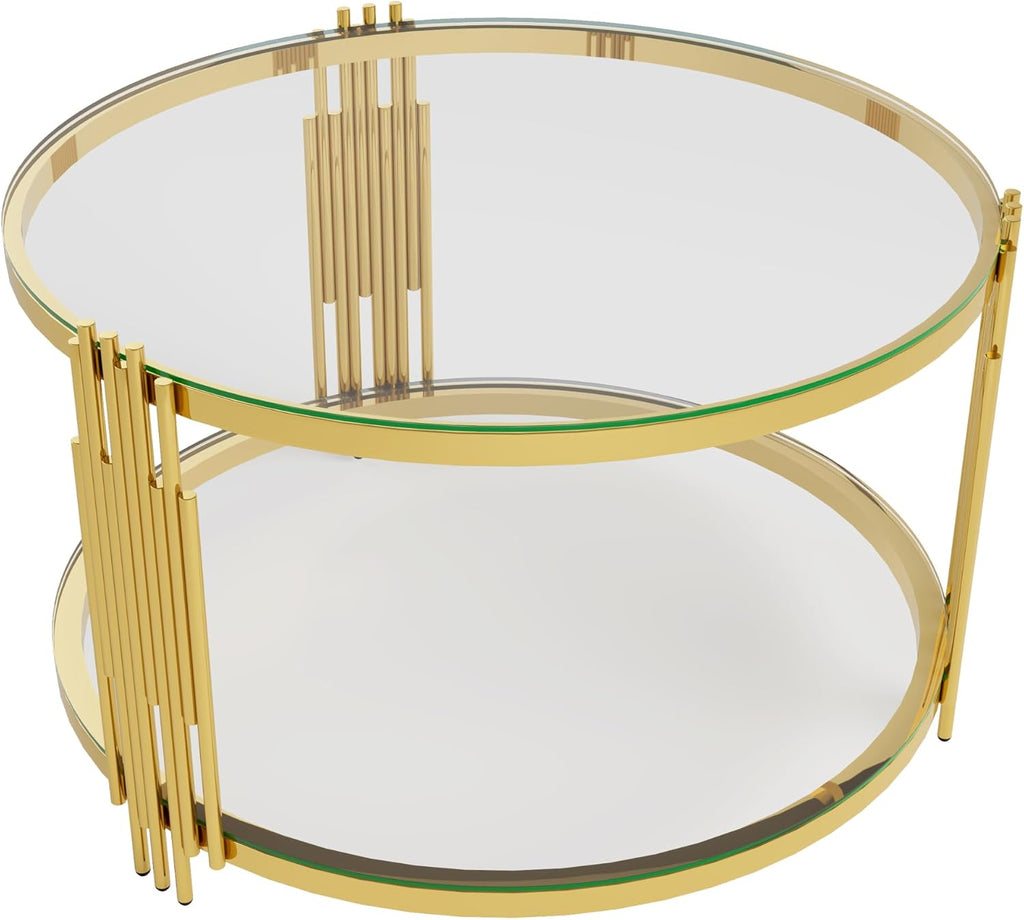 Modern Glass Coffee Table in 31.5', Asymmetrical Metal, Circular Metal Drum Base, Gold Finish & Lower Shelf
