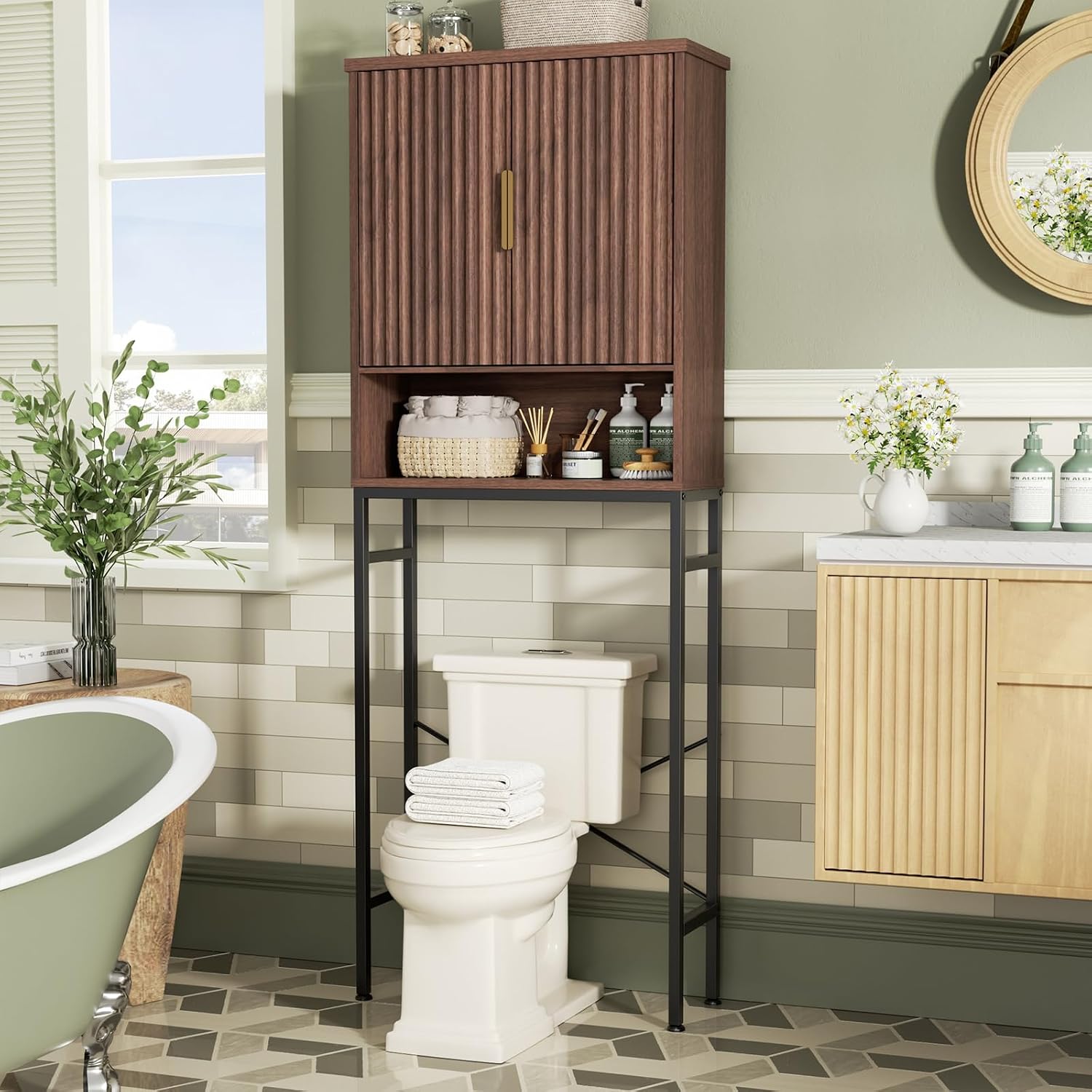FiveWillowise Over The Toilet Storage Cabinet with Fluted Doors and Adjustable Shelf, Tall Bathroom Organizer with Metal Stand Space Saver Over Toilet, Wood Rack for Bathroom, Restroom, Laundry
