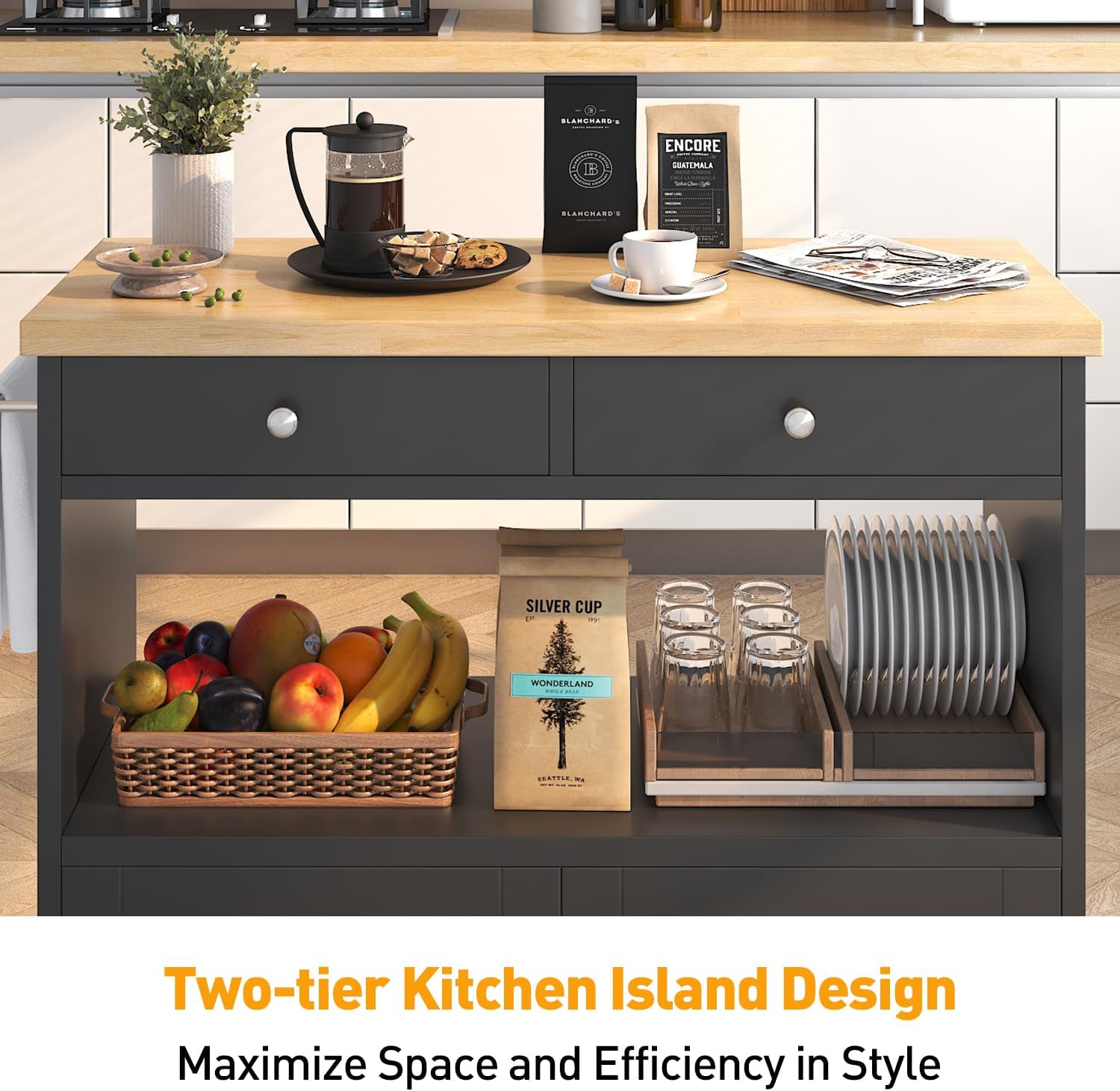 knoworld Rolling Kitchen Island with Storage Cabinet, 35.4'' Width Kitchen Cart, 2 Drawers Island Table, Portable Mobile Kitchen Island with Towel Rack, Wood Top and Lockable Wheels, Black