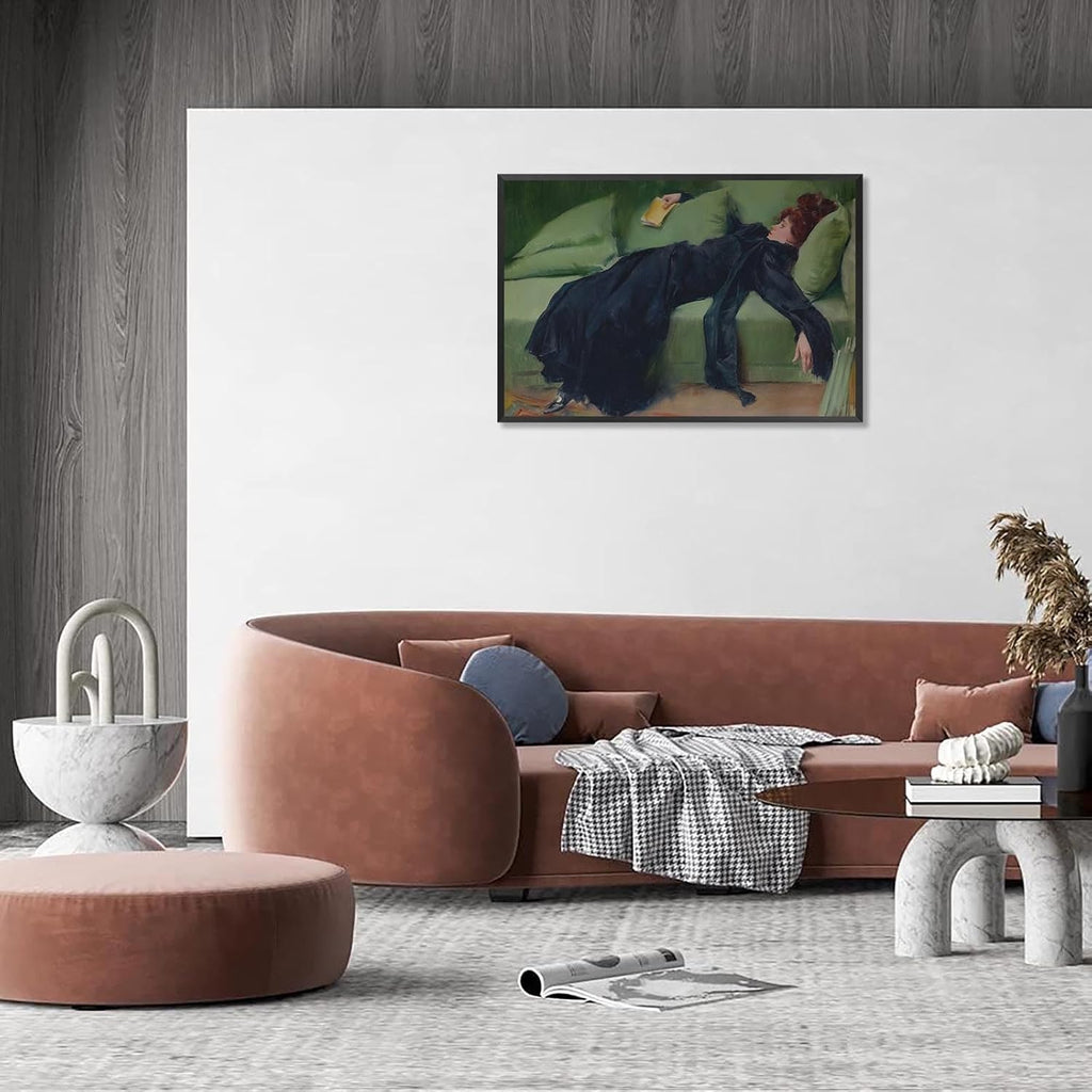 Vintage Decadent Young Woman After The Dance Posters Preppy Style Victorian Canvas Wall Art Interesting Green Sofa Aesthetic Prints Painting For Home Bedroom Dorm Wall Decor 24X36in Black Frame